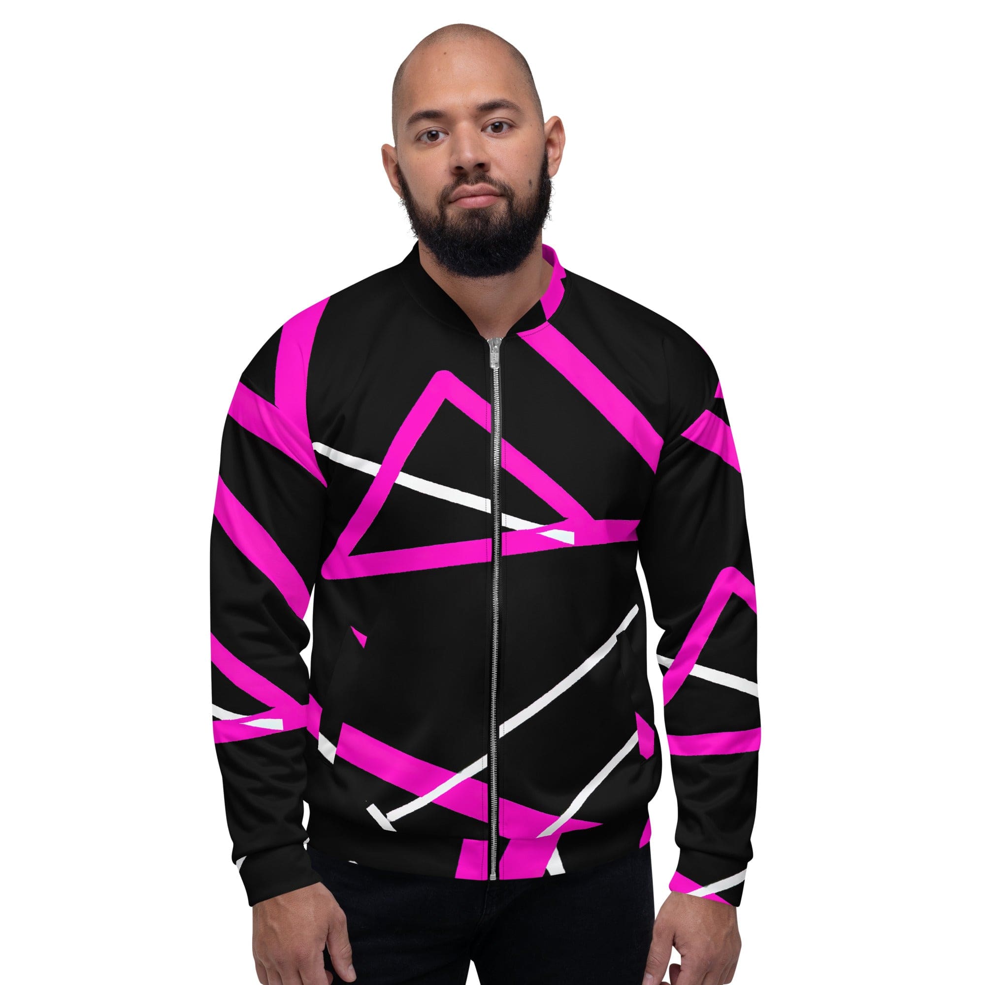 Men's bomber jacket featuring a black and pink pattern, zip-front closure, and ribbed cuffs, designed for style and comfort.