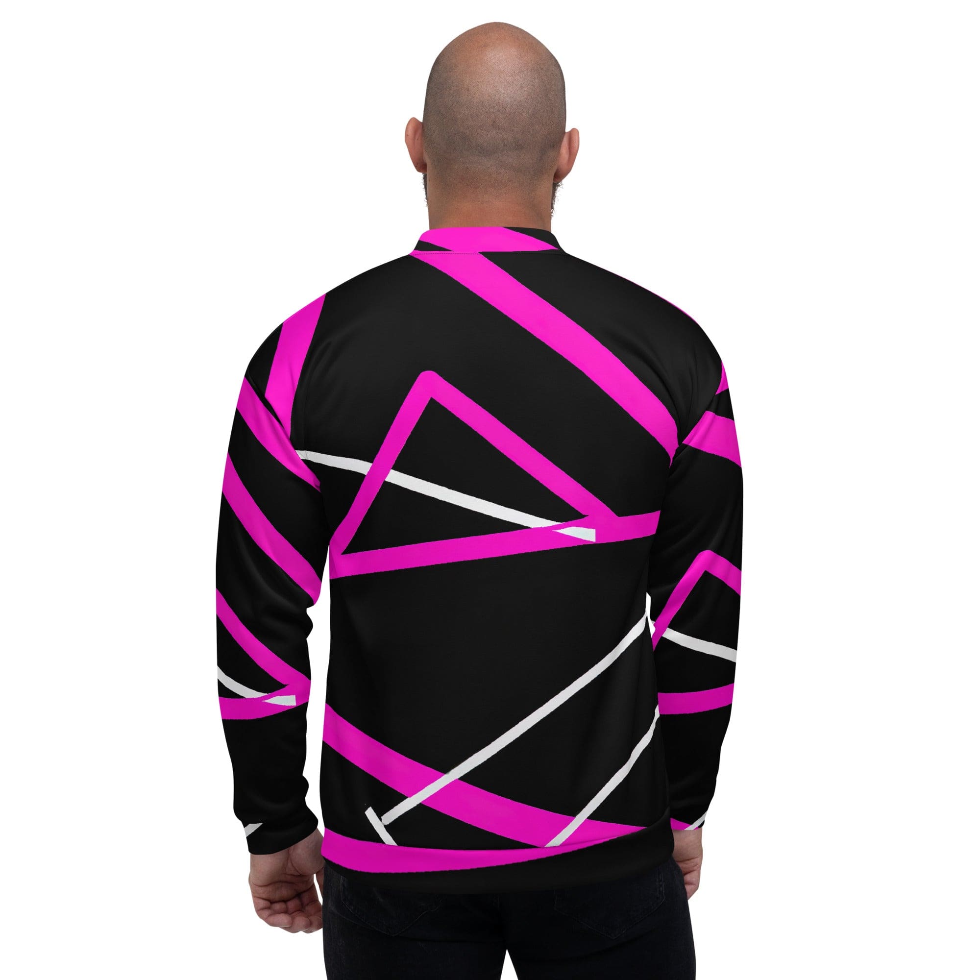 Men's bomber jacket featuring a black and pink pattern, zip-front closure, and ribbed cuffs, designed for style and comfort.