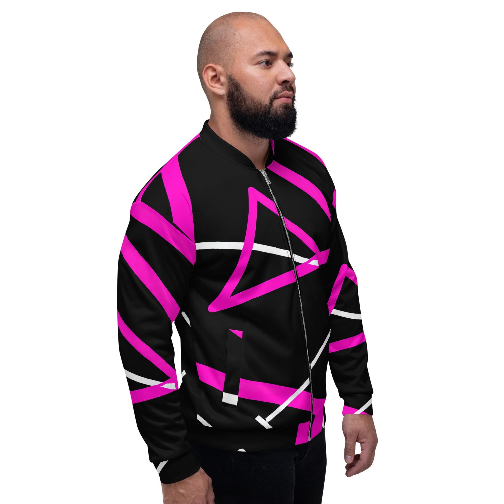 Men's bomber jacket featuring a black and pink pattern, zip-front closure, and ribbed cuffs, designed for style and comfort.