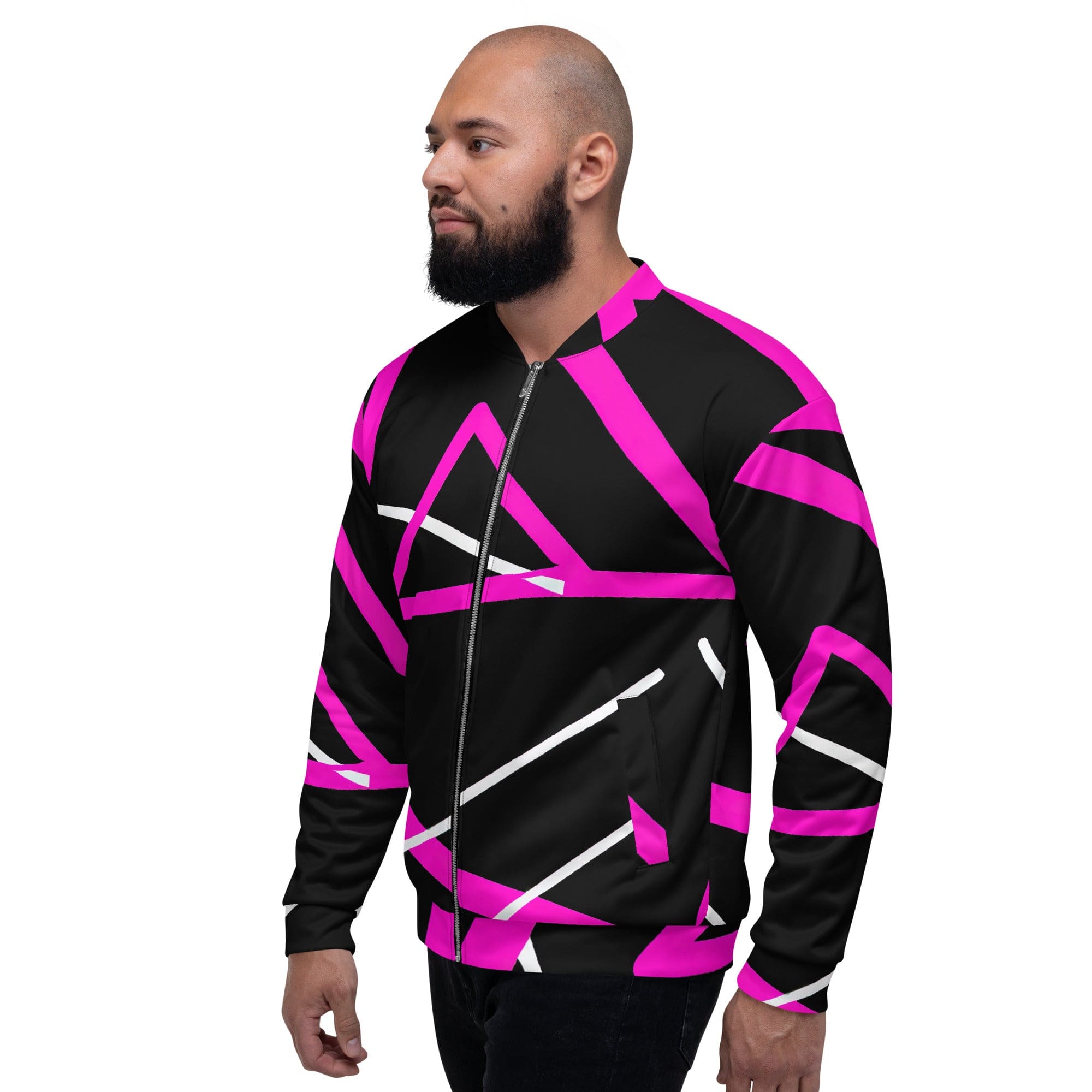 Men's bomber jacket featuring a black and pink pattern, zip-front closure, and ribbed cuffs, designed for style and comfort.