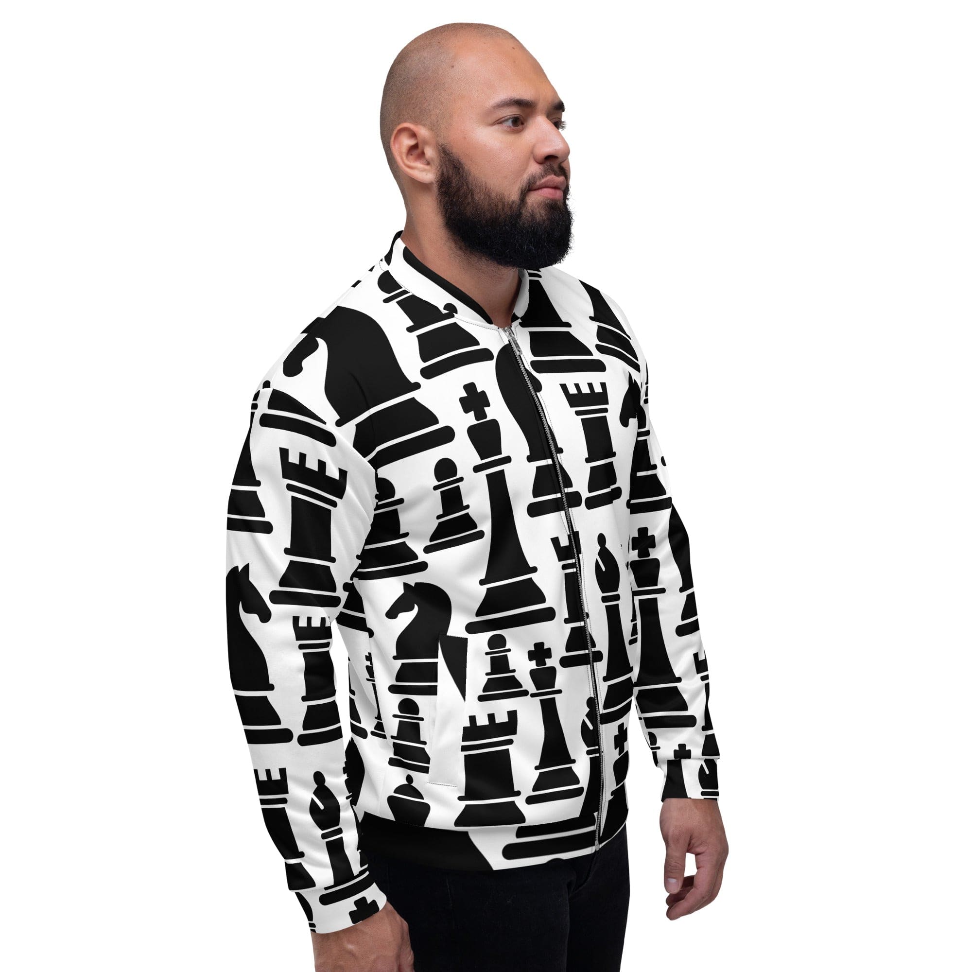 Men's bomber jacket featuring a black and white chess print, zip-front closure, and ribbed cuffs, perfect for stylish layering.