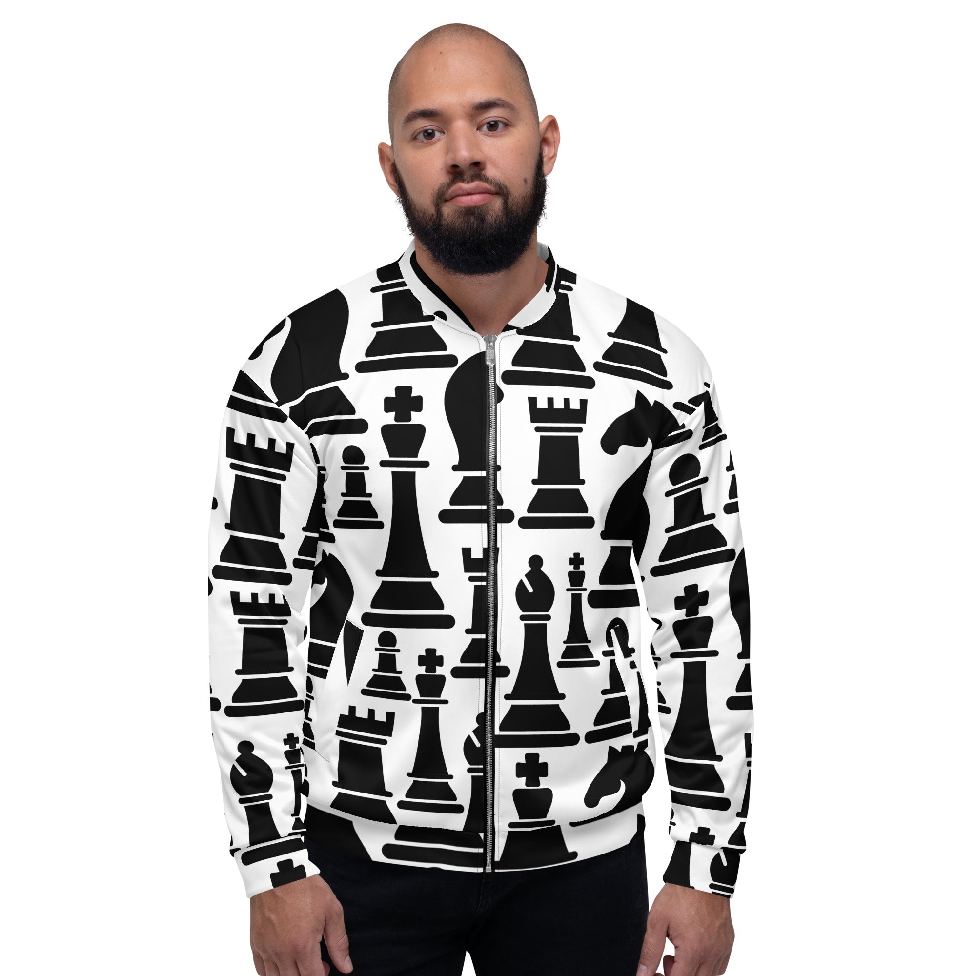 Men's bomber jacket featuring a black and white chess print, zip-front closure, and ribbed cuffs, perfect for stylish layering.