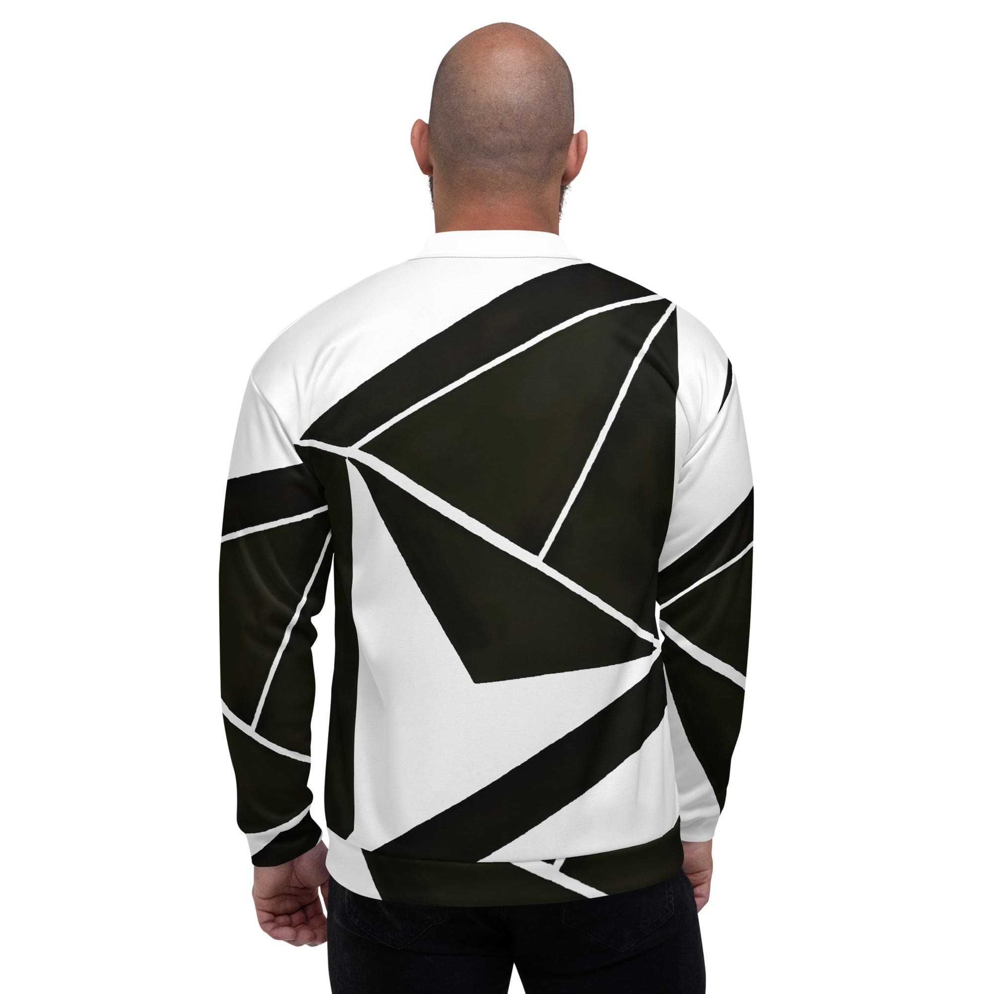 Men's bomber jacket featuring a black and white geometric pattern, zip-front closure, ribbed cuffs, and multiple pockets for essentials.