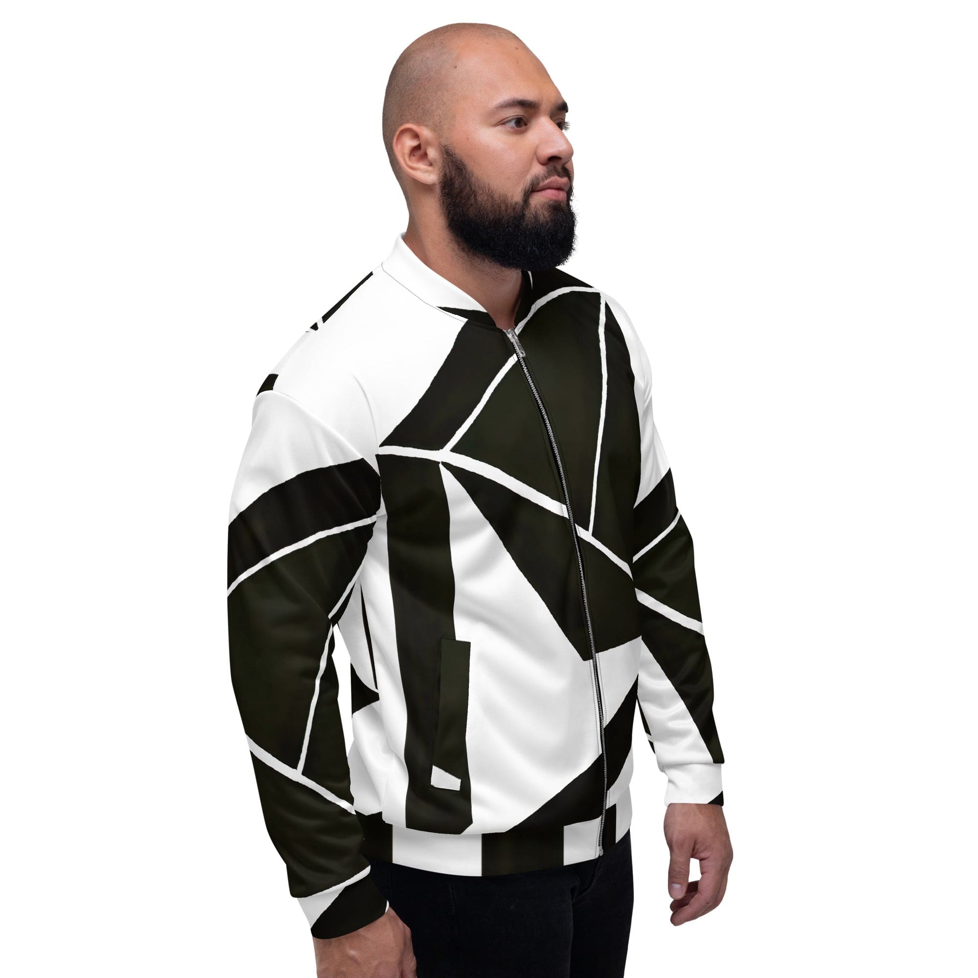 Men's bomber jacket featuring a black and white geometric pattern, zip-front closure, ribbed cuffs, and multiple pockets for essentials.