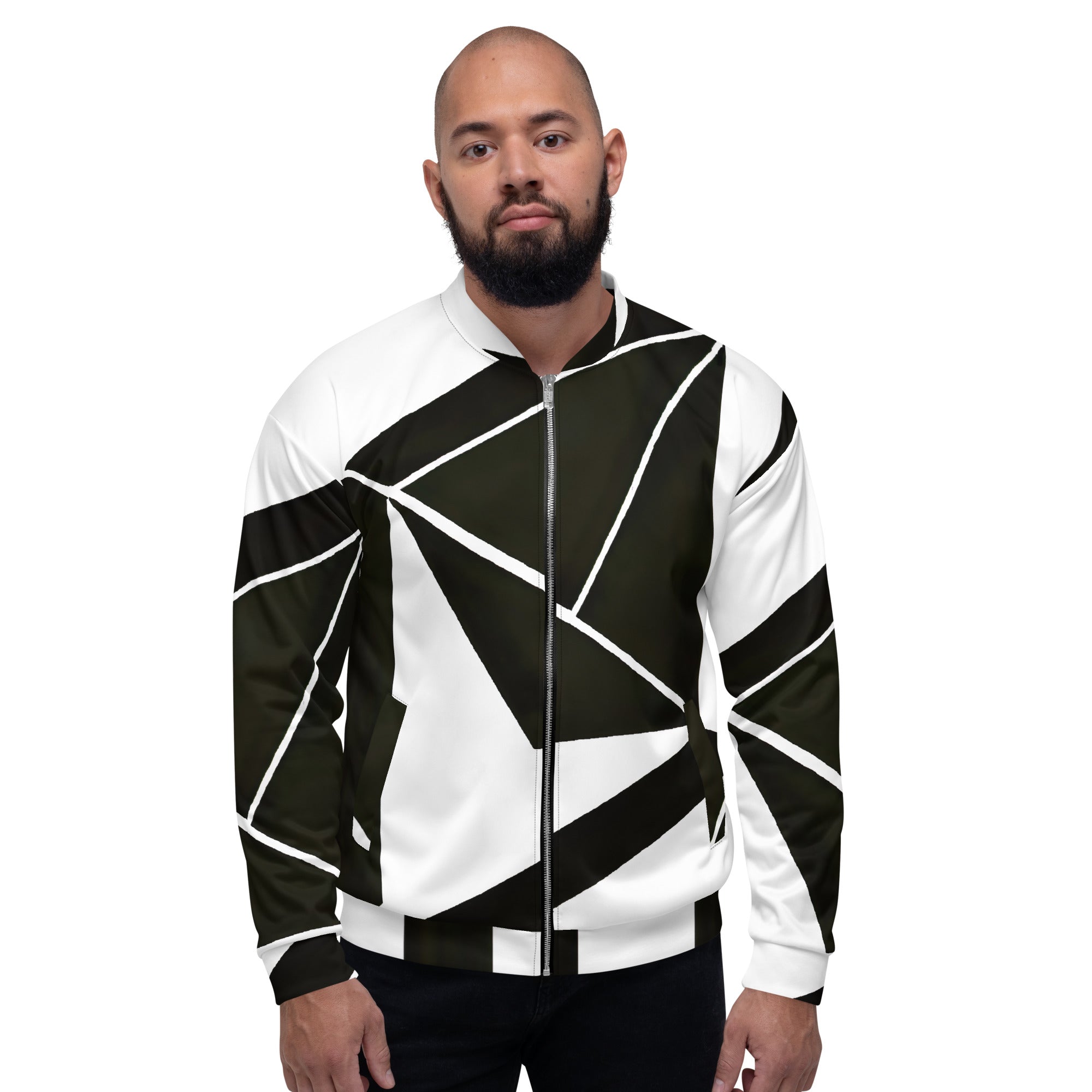 Men's bomber jacket featuring a black and white geometric pattern, zip-front closure, ribbed cuffs, and multiple pockets for essentials.