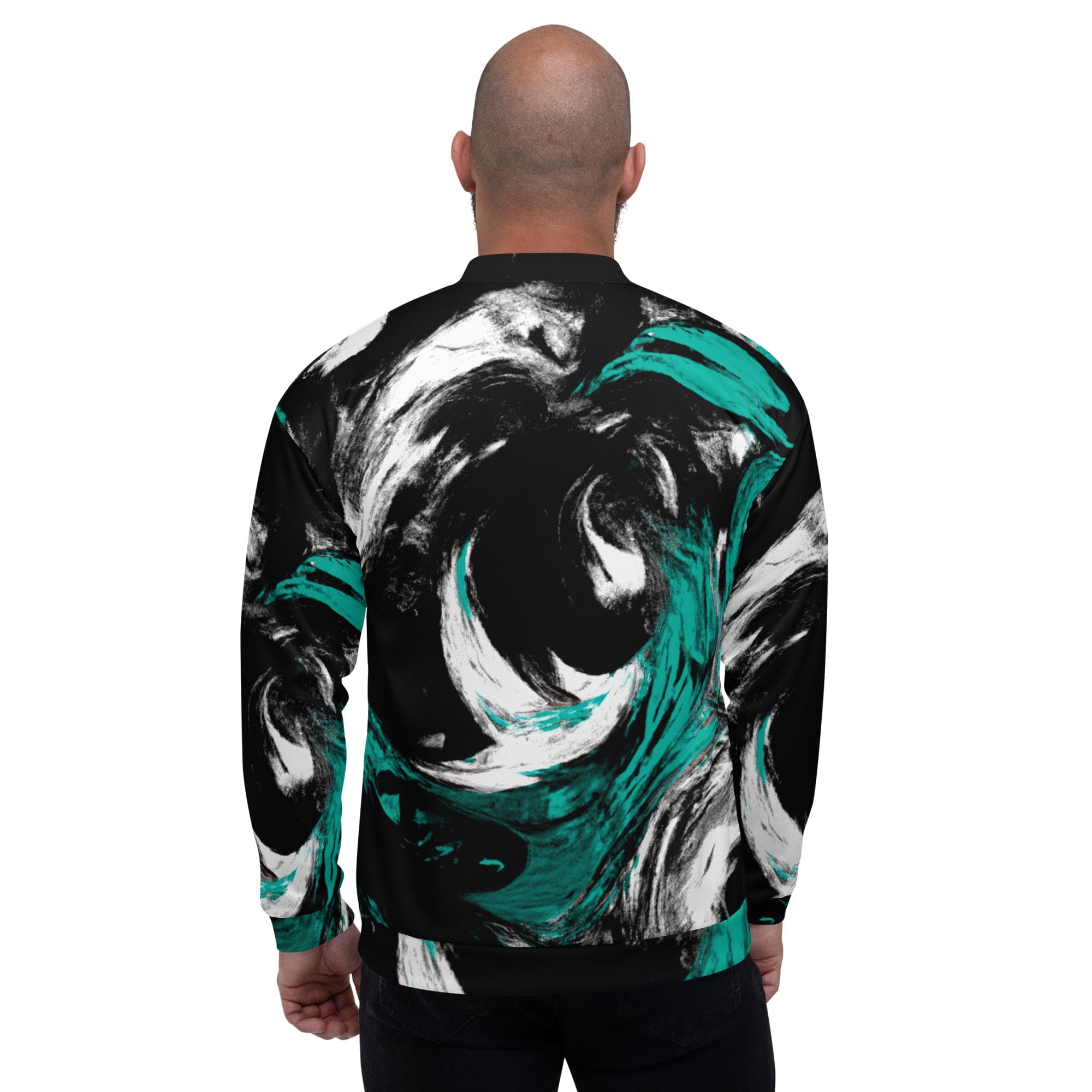 Men's bomber jacket featuring a black, green, and white abstract pattern, showcasing a zip-front closure and ribbed cuffs.