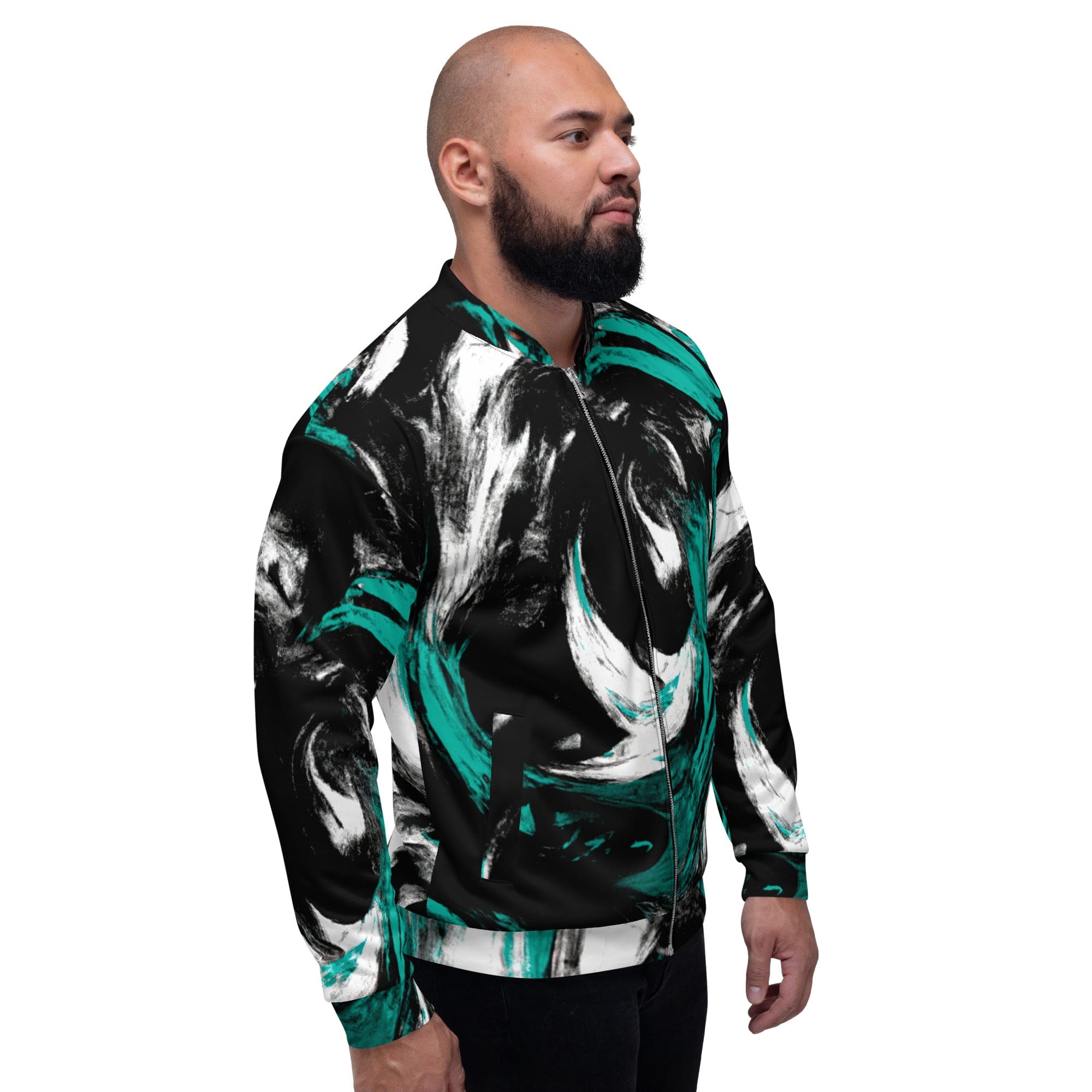 Men's bomber jacket featuring a black, green, and white abstract pattern, showcasing a zip-front closure and ribbed cuffs.