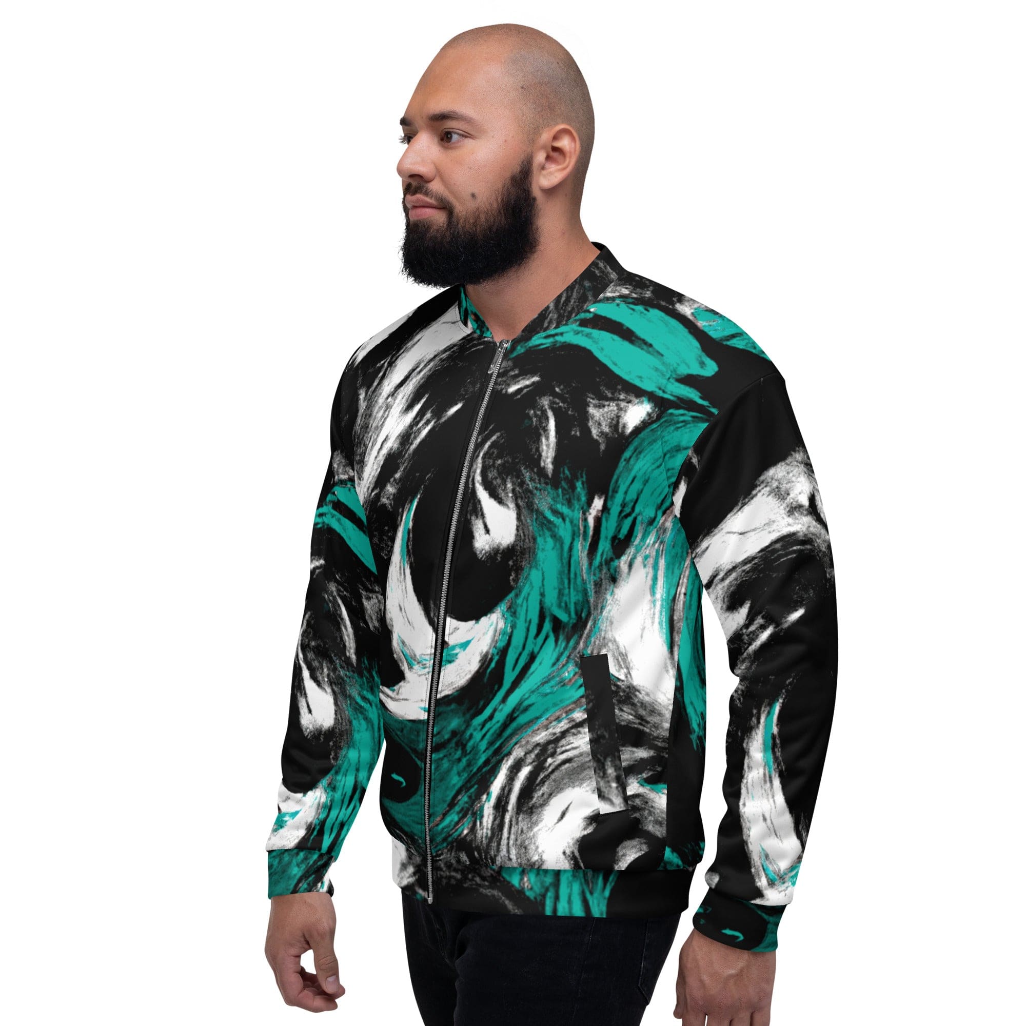 Men's bomber jacket featuring a black, green, and white abstract pattern, showcasing a zip-front closure and ribbed cuffs.