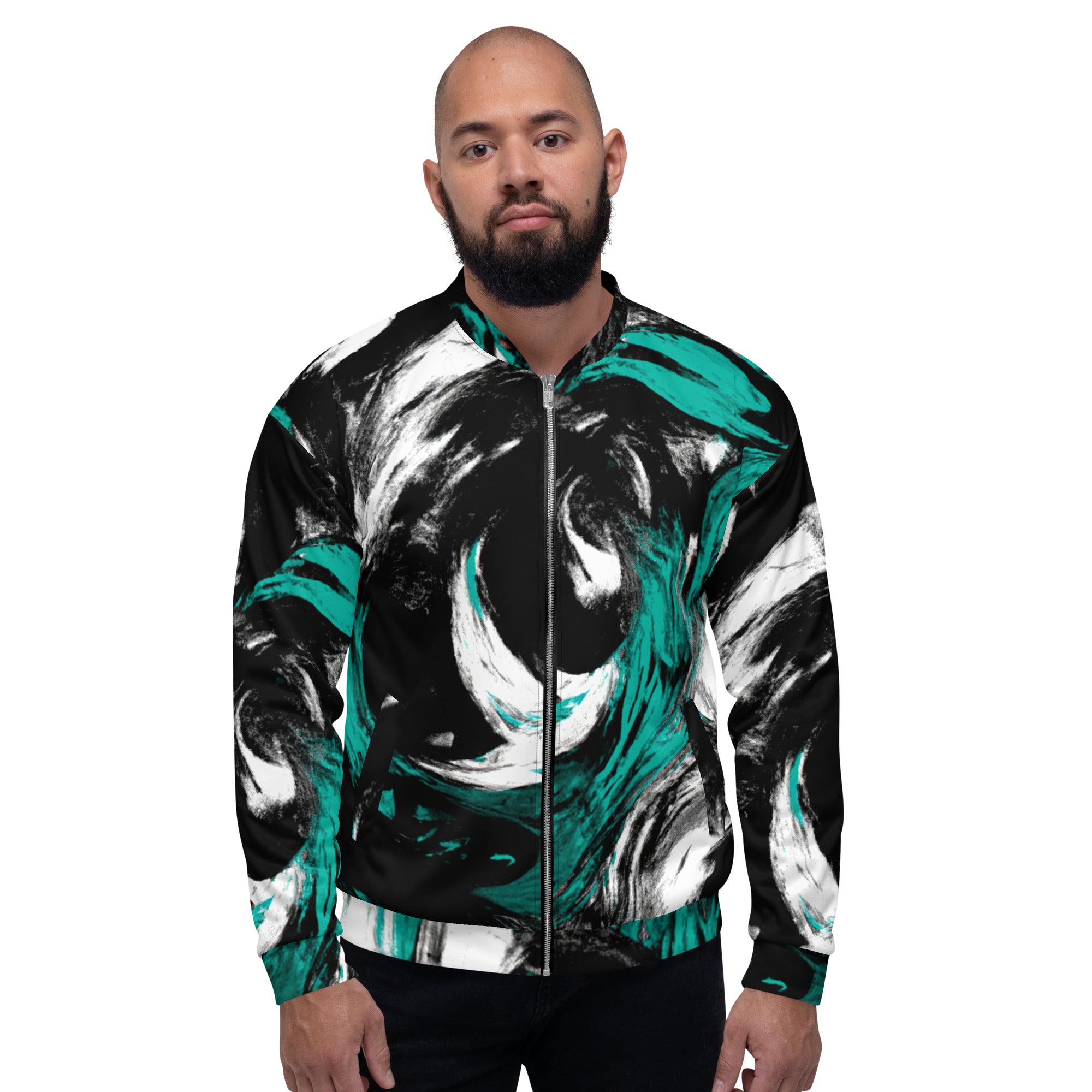 Men's bomber jacket featuring a black, green, and white abstract pattern, showcasing a zip-front closure and ribbed cuffs.