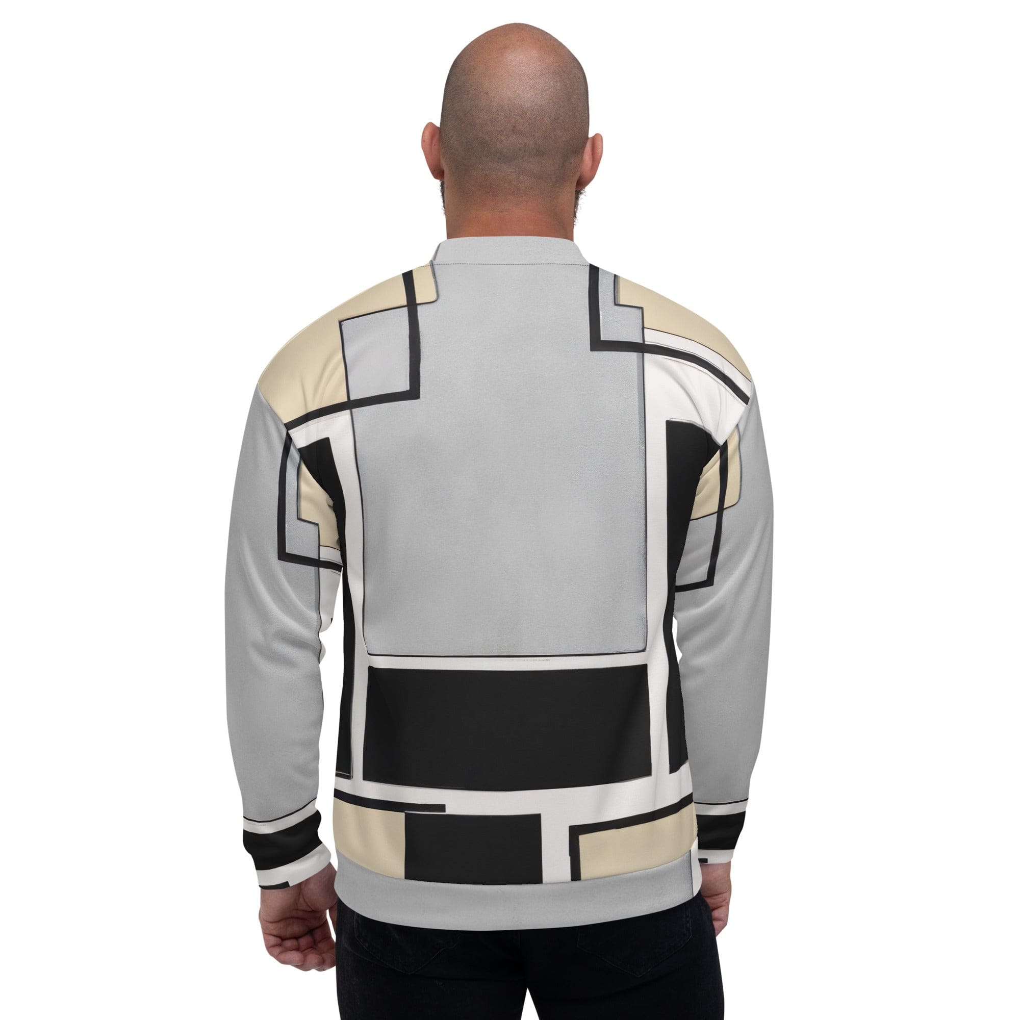 Men's bomber jacket featuring a black and grey abstract pattern, zip-front closure, and ribbed cuffs, ideal for stylish layering.