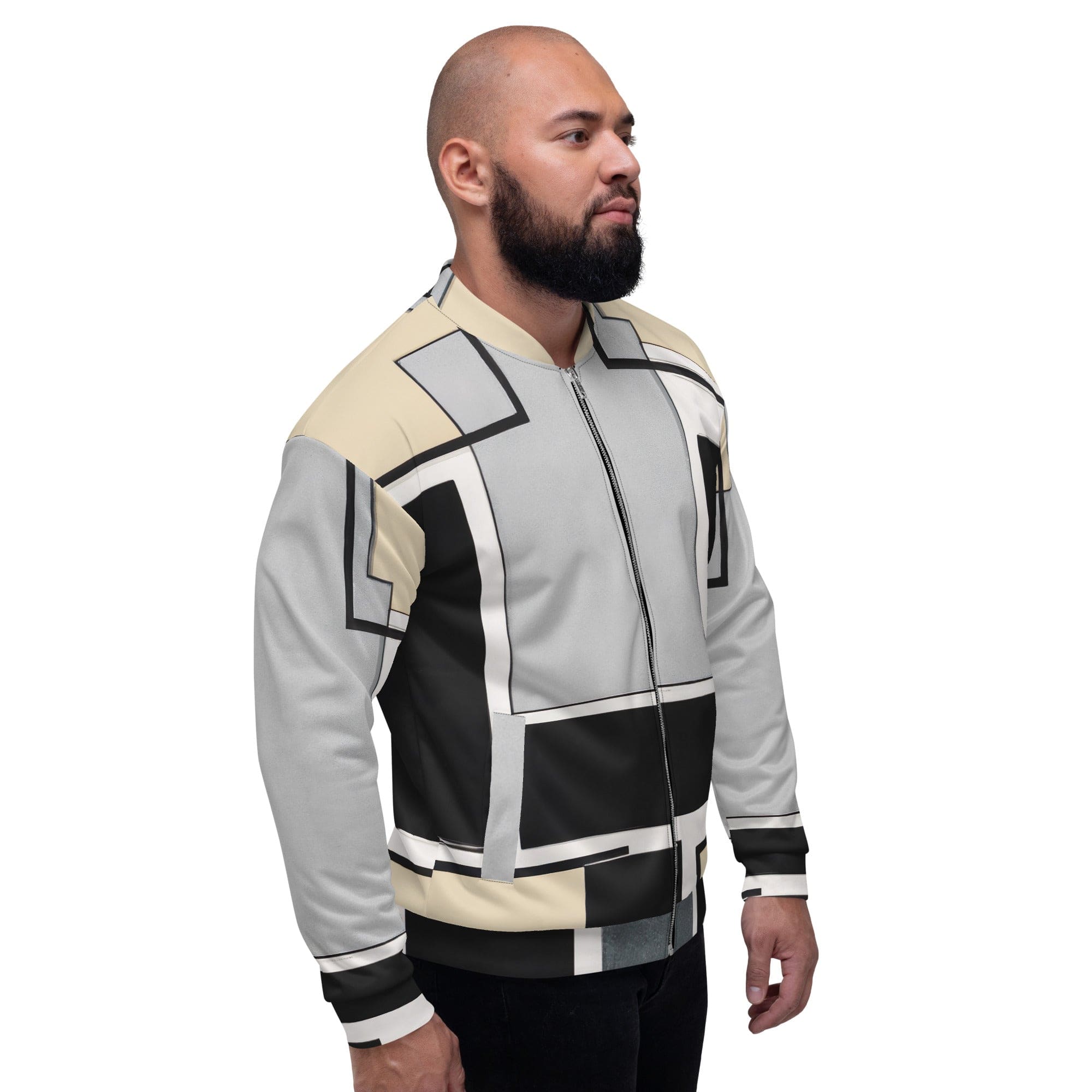 Men's bomber jacket featuring a black and grey abstract pattern, zip-front closure, and ribbed cuffs, ideal for stylish layering.