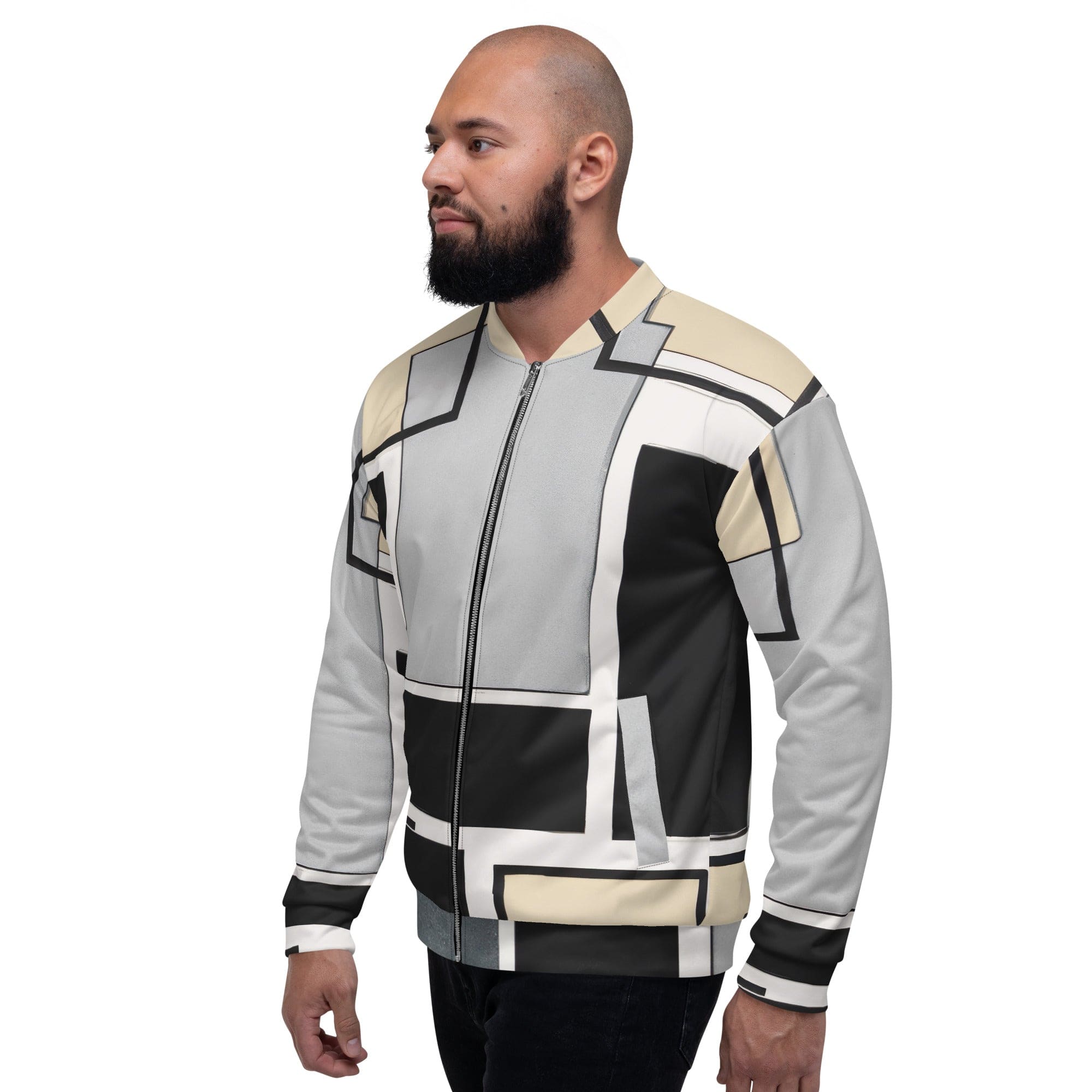 Men's bomber jacket featuring a black and grey abstract pattern, zip-front closure, and ribbed cuffs, ideal for stylish layering.