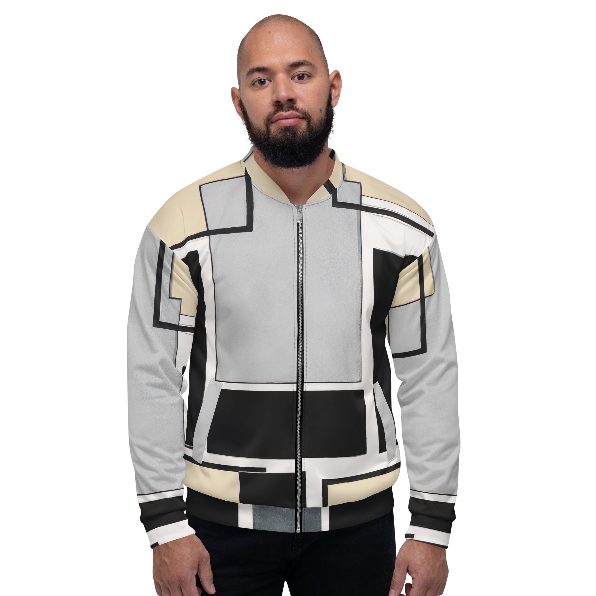 Men's bomber jacket featuring a black and grey abstract pattern, zip-front closure, and ribbed cuffs, ideal for stylish layering.