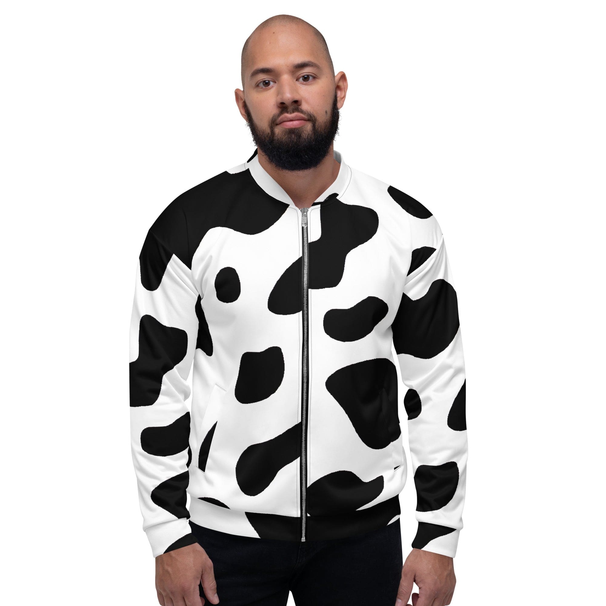 Men's bomber jacket featuring a black and white cow print design, zip-front closure, and ribbed cuffs, perfect for stylish layering.