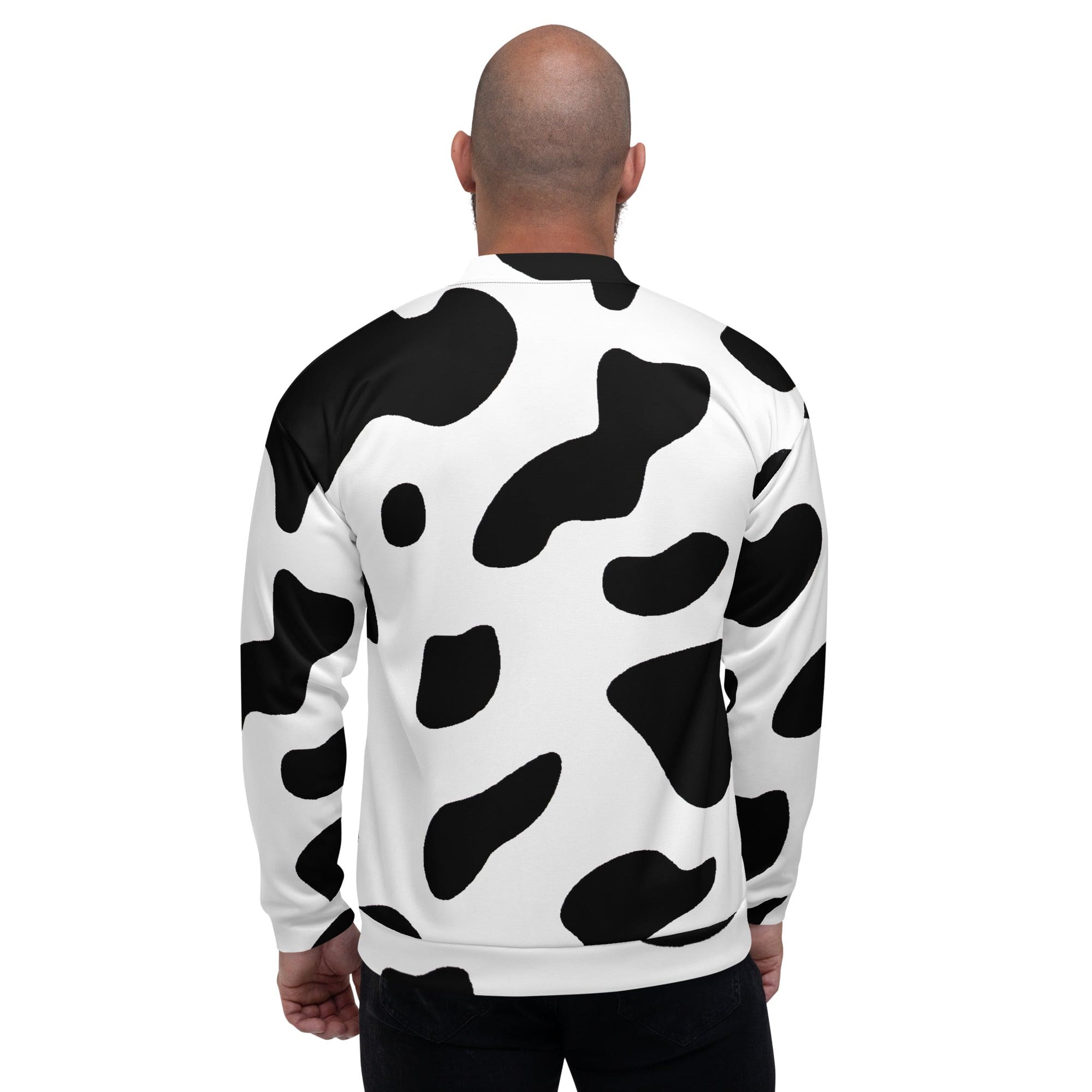 Men's bomber jacket featuring a black and white cow print design, zip-front closure, and ribbed cuffs, perfect for stylish layering.