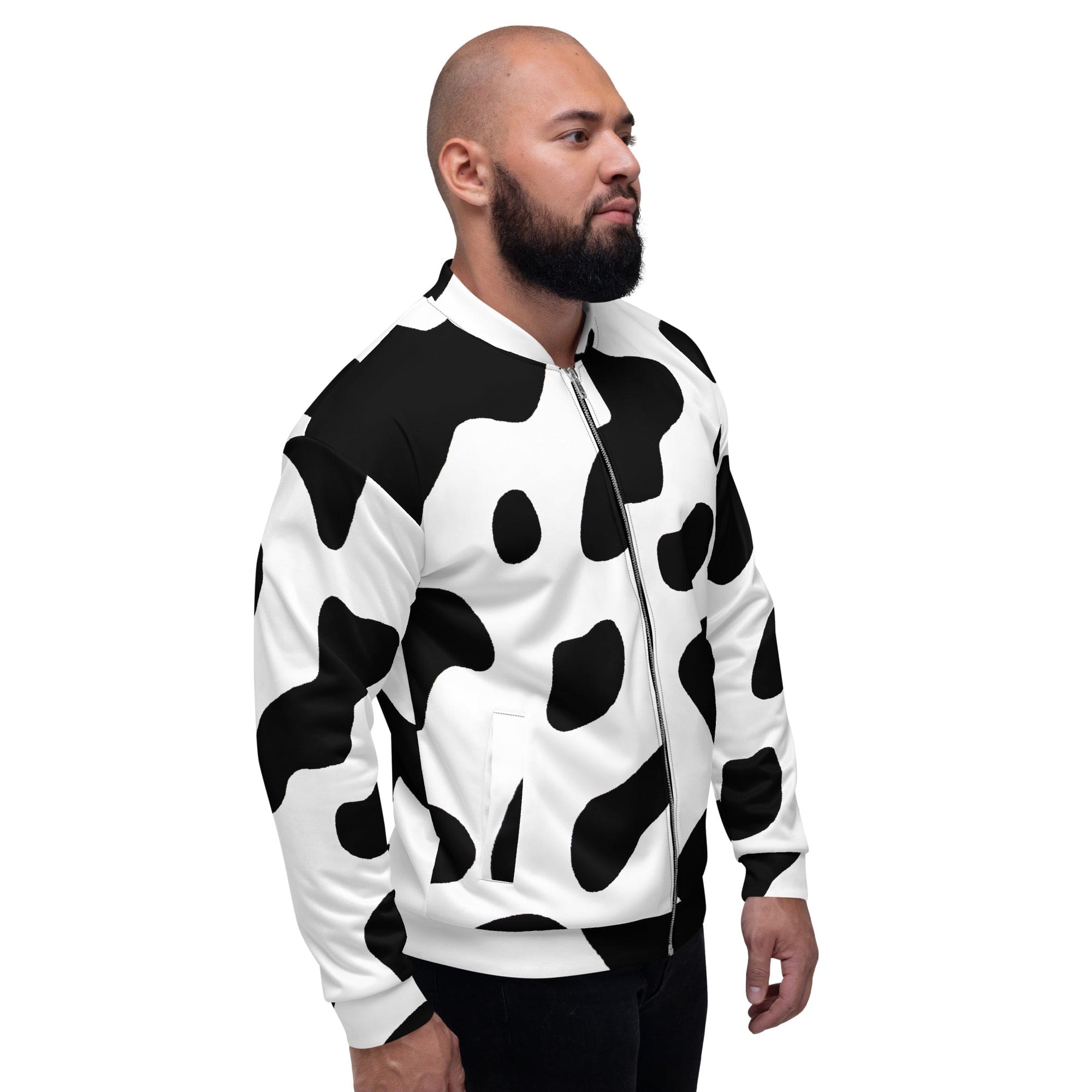 Men's bomber jacket featuring a black and white cow print design, zip-front closure, and ribbed cuffs, perfect for stylish layering.