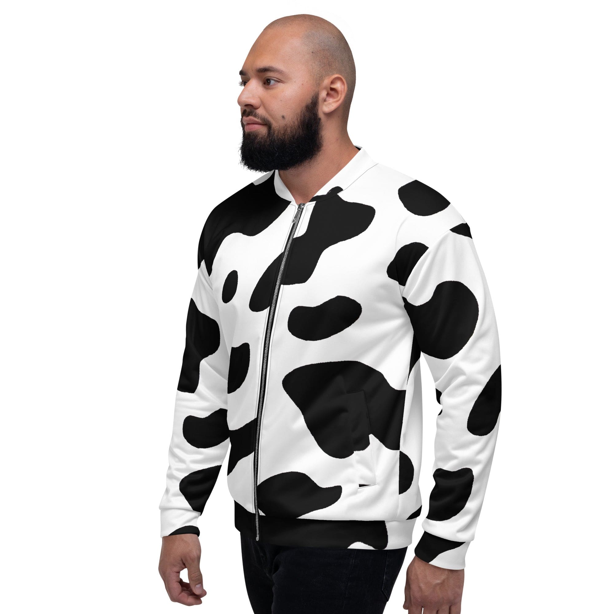 Men's bomber jacket featuring a black and white cow print design, zip-front closure, and ribbed cuffs, perfect for stylish layering.