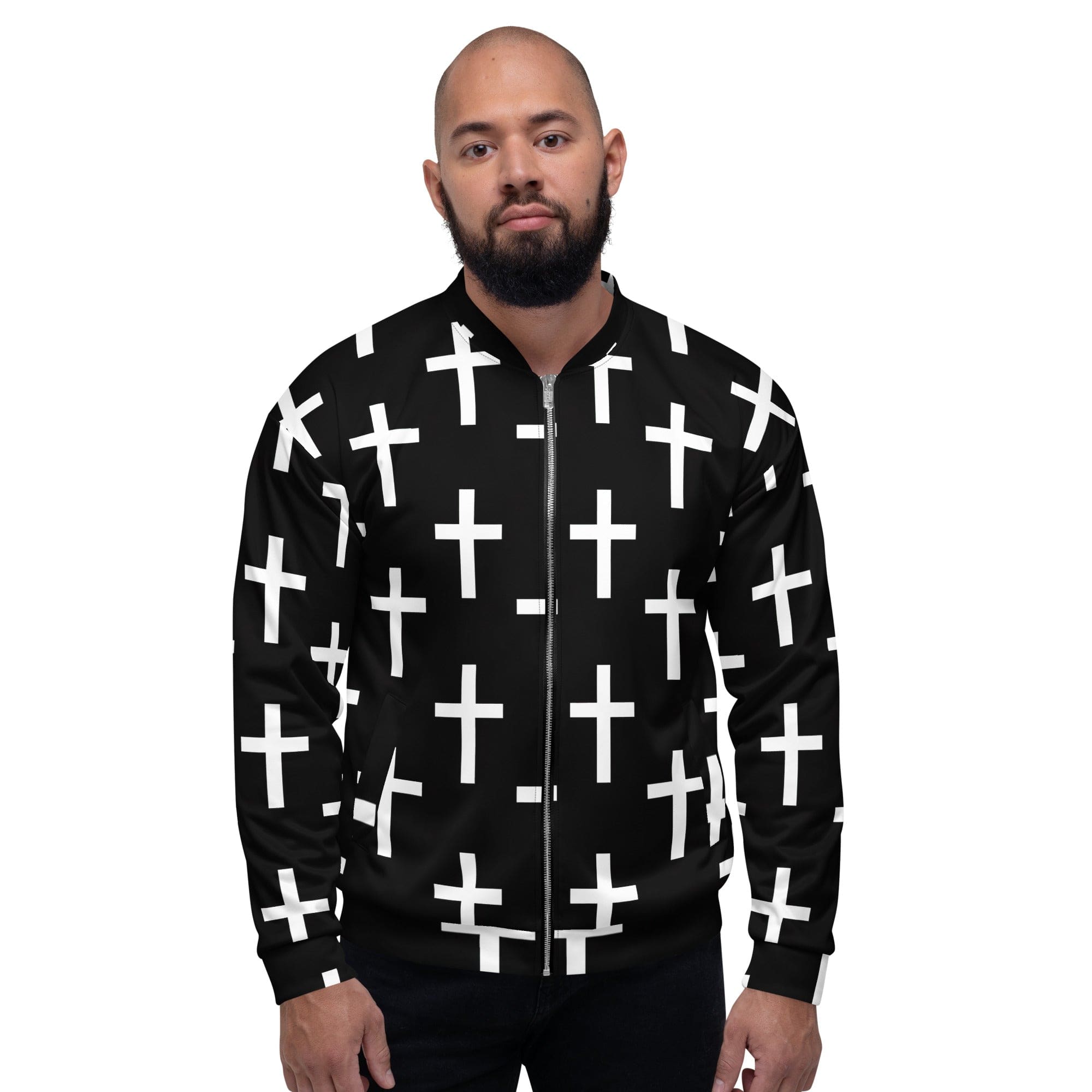 Men's bomber jacket featuring a stylish black and white cross print, zip-front closure, and ribbed cuffs.