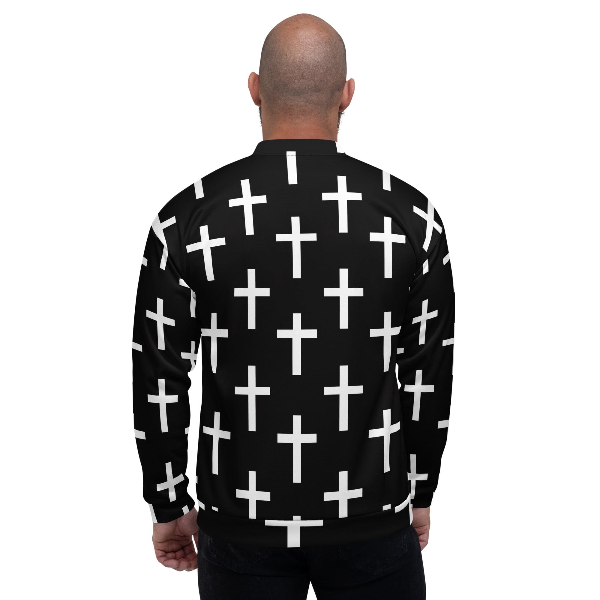 Men's bomber jacket featuring a stylish black and white cross print, zip-front closure, and ribbed cuffs.