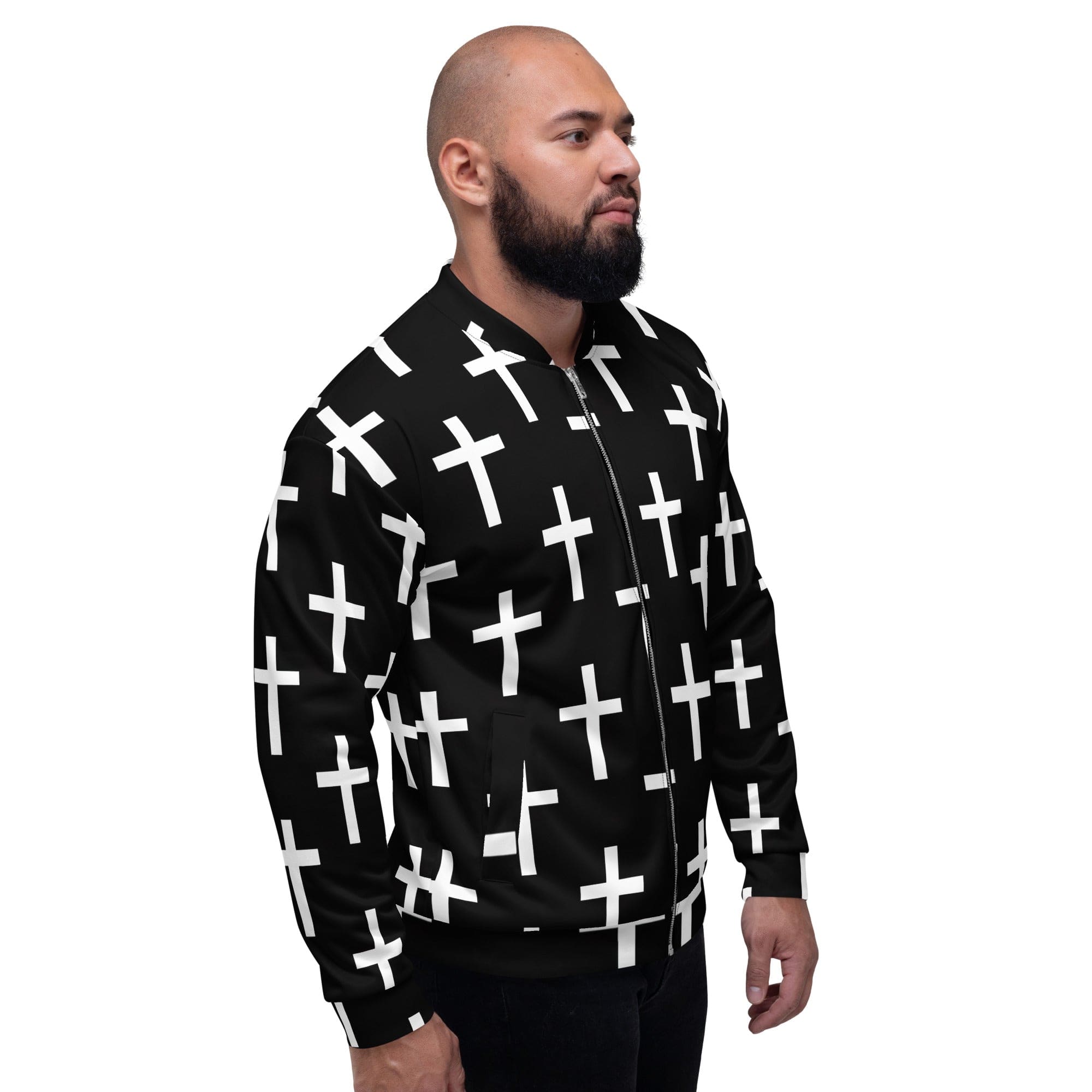 Men's bomber jacket featuring a stylish black and white cross print, zip-front closure, and ribbed cuffs.