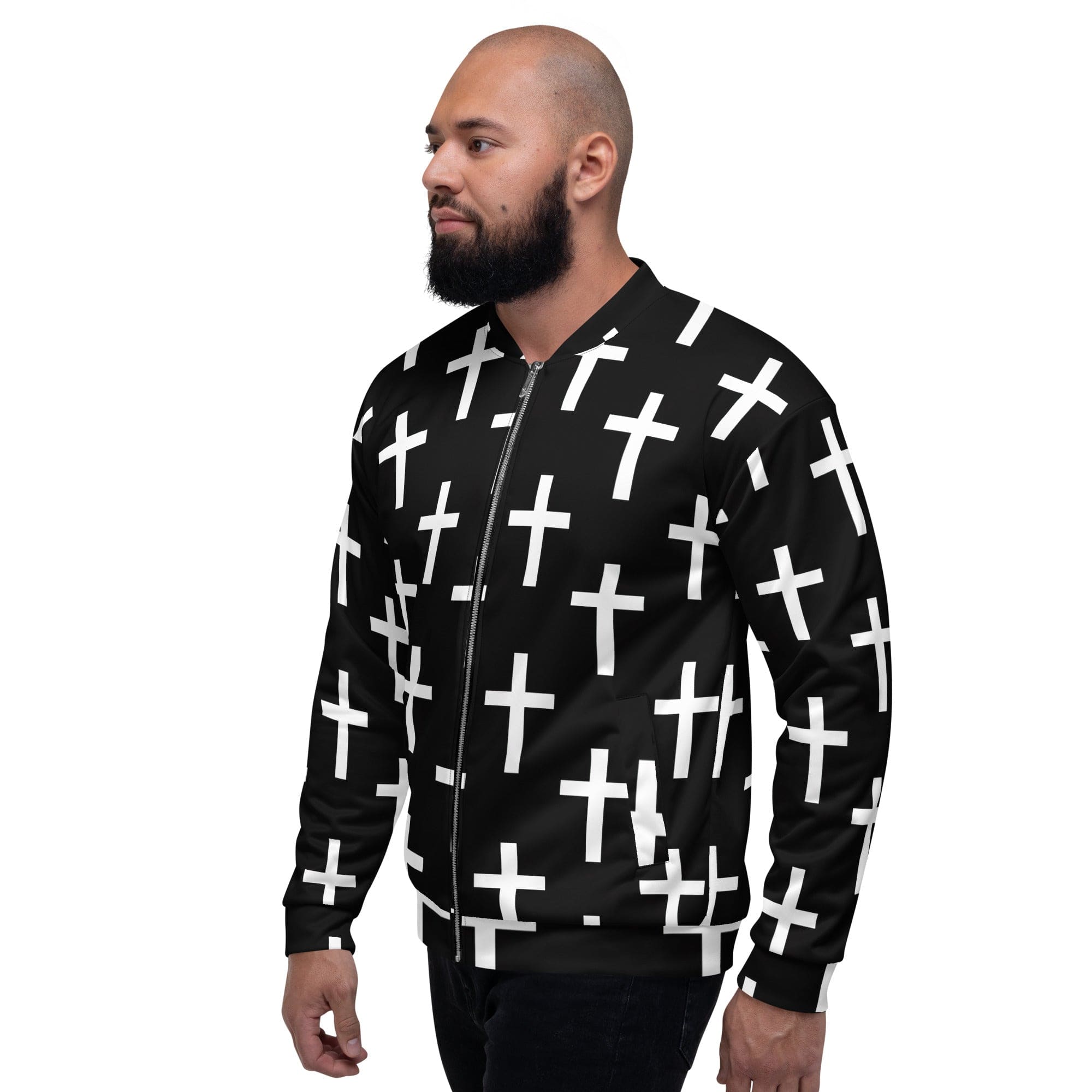 Men's bomber jacket featuring a stylish black and white cross print, zip-front closure, and ribbed cuffs.