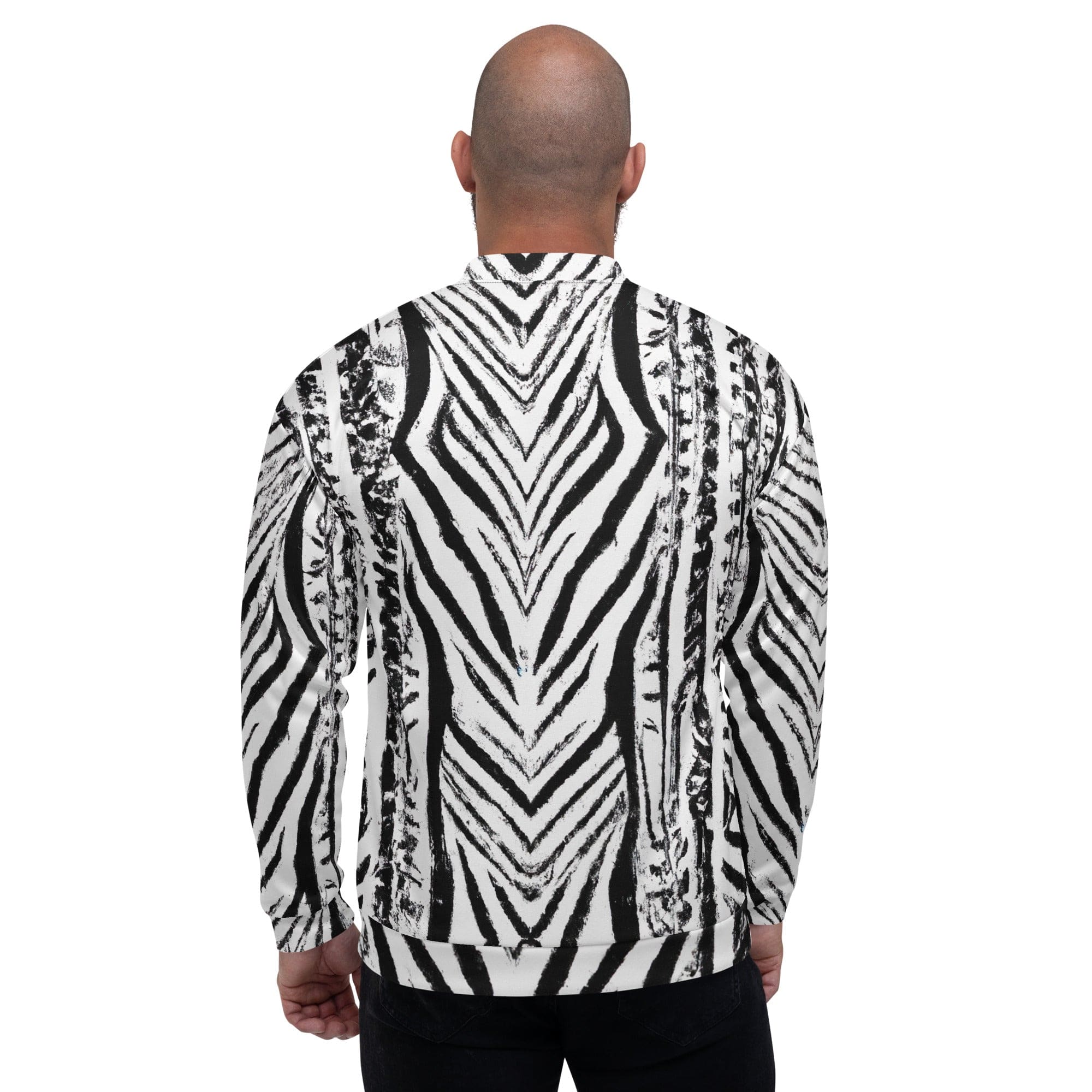 Men's bomber jacket featuring a black and white native print, zip-front closure, and ribbed cuffs, showcasing its stylish design and multiple pockets.