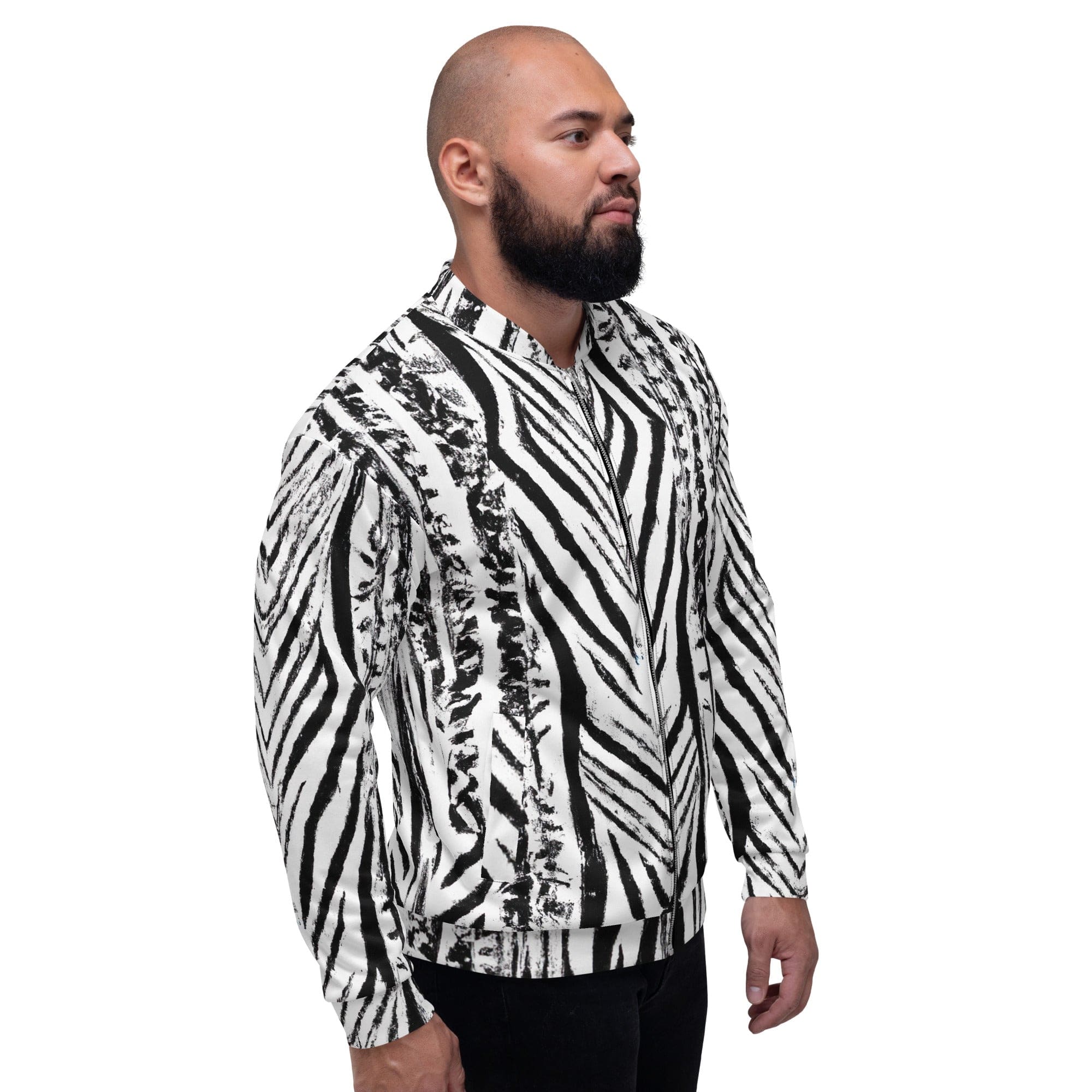 Men's bomber jacket featuring a black and white native print, zip-front closure, and ribbed cuffs, showcasing its stylish design and multiple pockets.