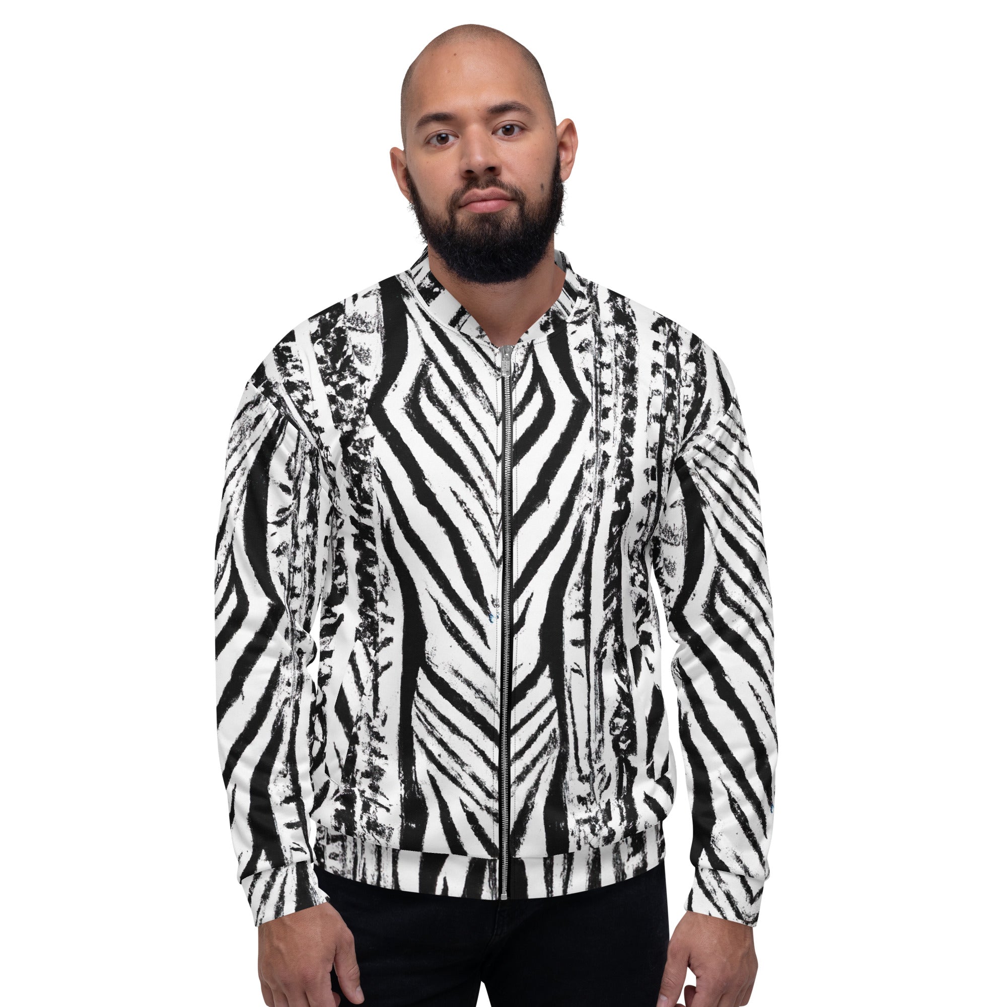 Men's bomber jacket featuring a black and white native print, zip-front closure, and ribbed cuffs, showcasing its stylish design and multiple pockets.