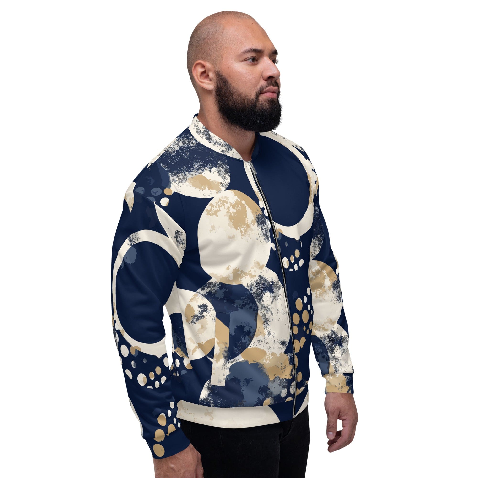 Men's bomber jacket in blue beige spotted print, featuring zip-front closure and ribbed cuffs, perfect for stylish layering.