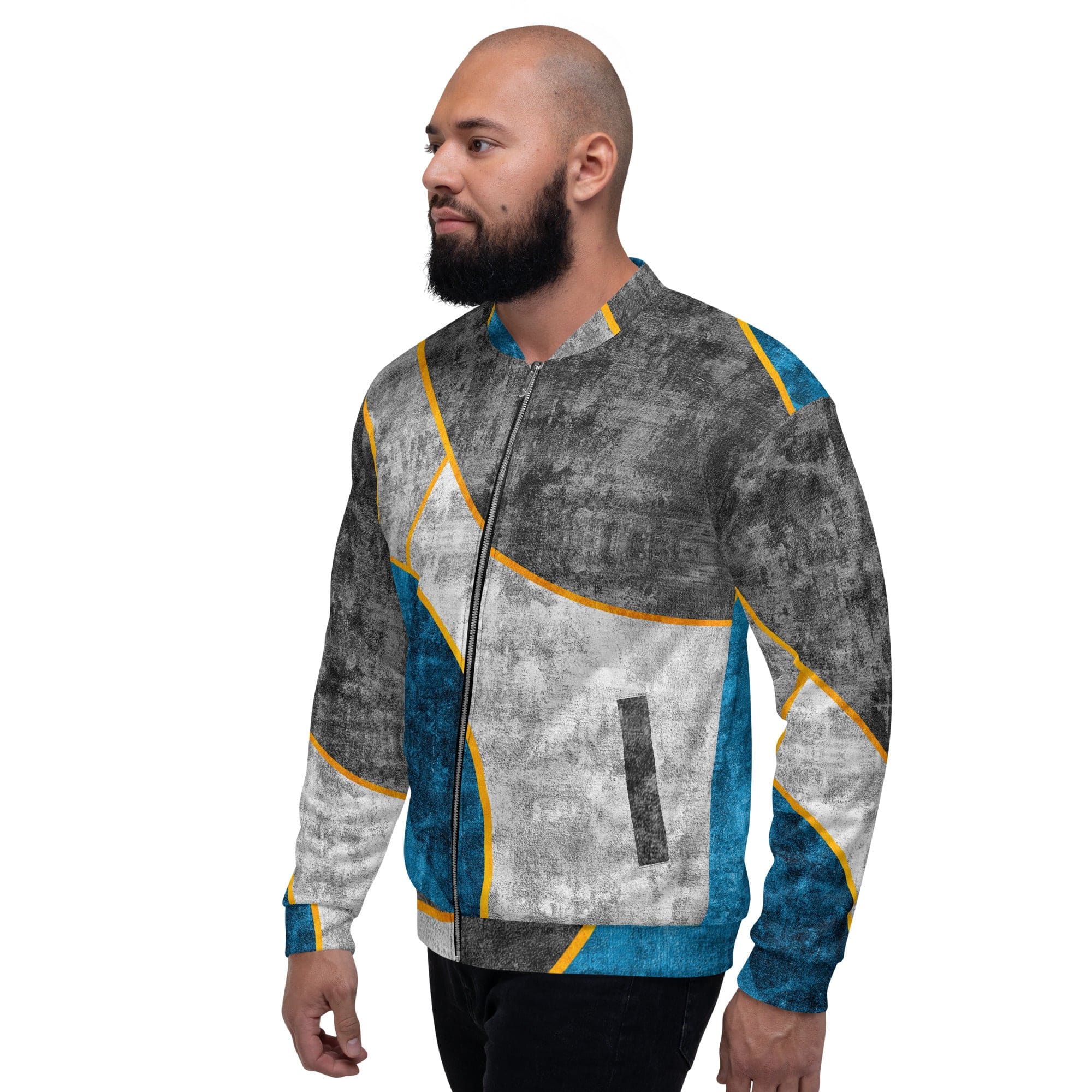 Men's Bomber Jacket in Blue Grey with zip-front closure and ribbed cuffs, featuring multiple pockets and a stylish design.