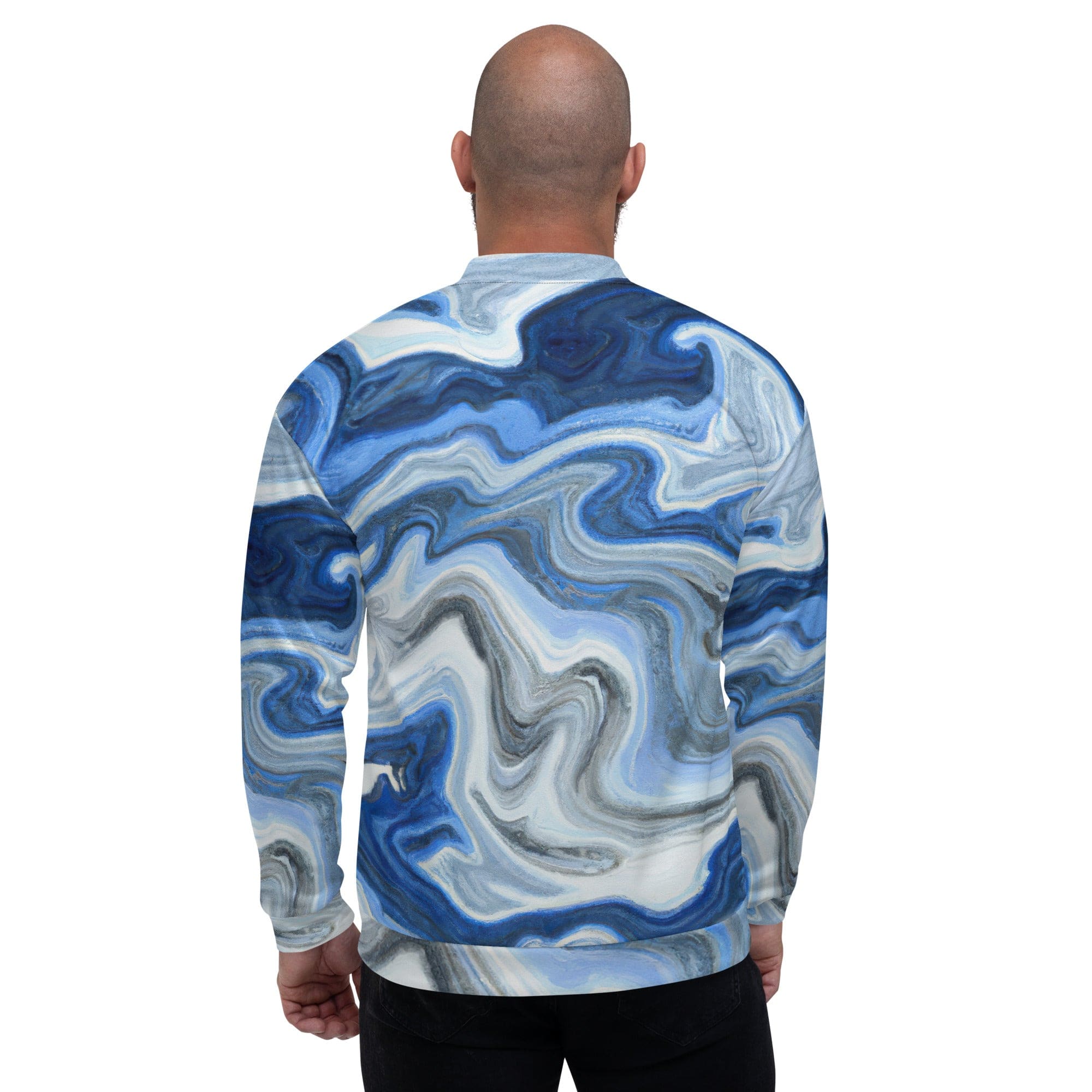 Men's bomber jacket featuring a blue grey marble print, zip-front closure, ribbed cuffs, and multiple pockets for a stylish and functional look.