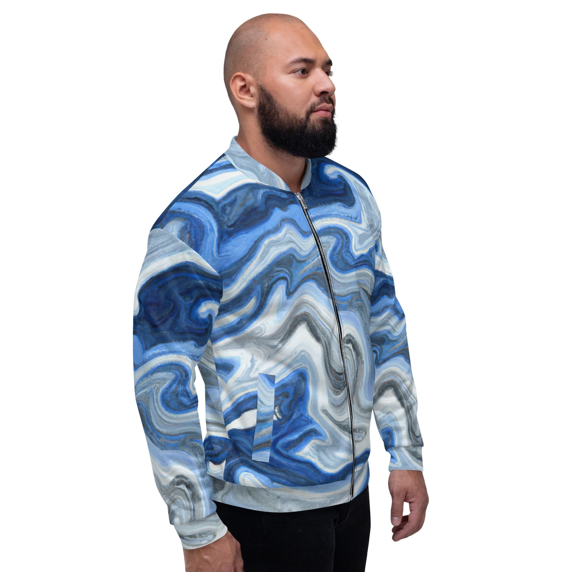 Men's bomber jacket featuring a blue grey marble print, zip-front closure, ribbed cuffs, and multiple pockets for a stylish and functional look.