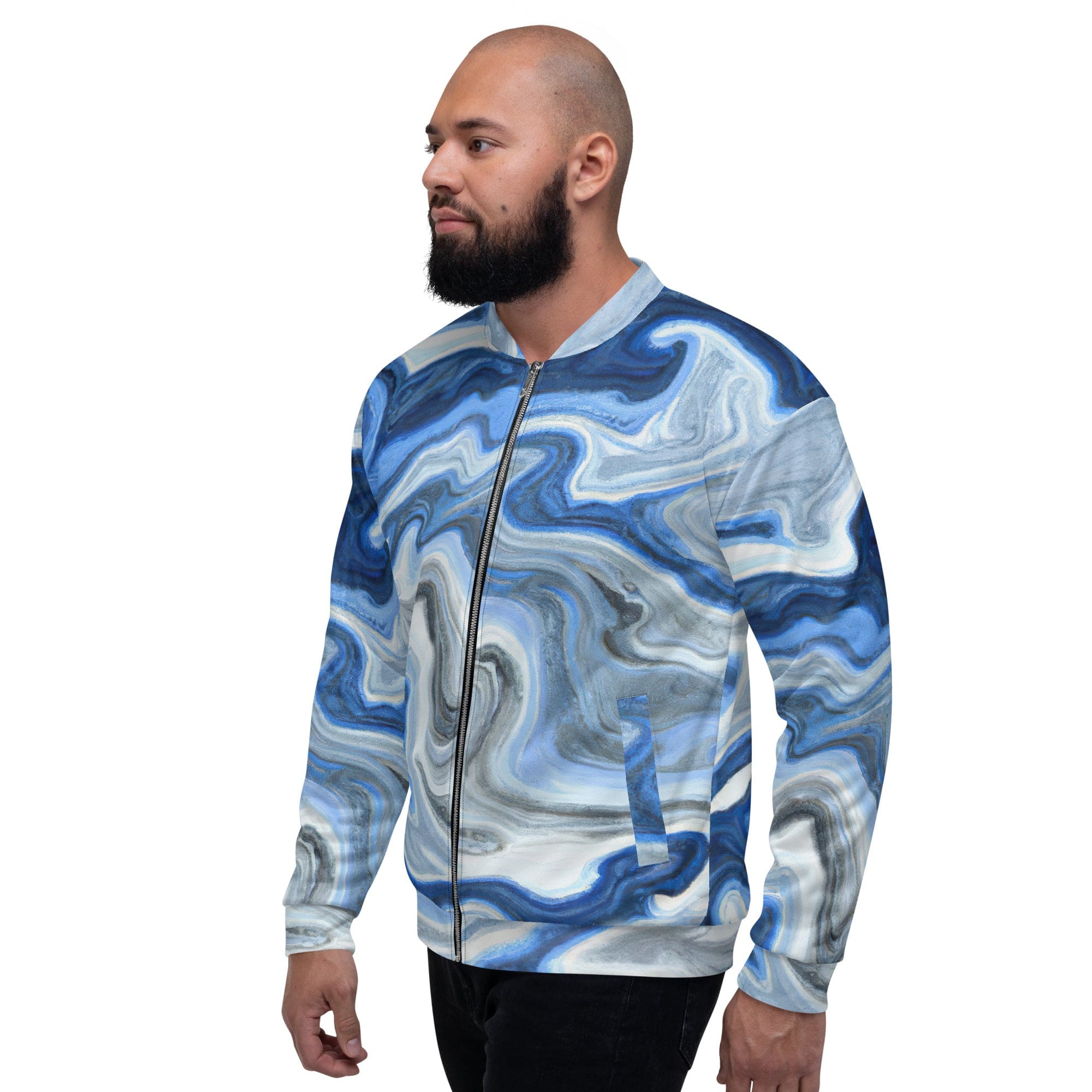 Men's bomber jacket featuring a blue grey marble print, zip-front closure, ribbed cuffs, and multiple pockets for a stylish and functional look.