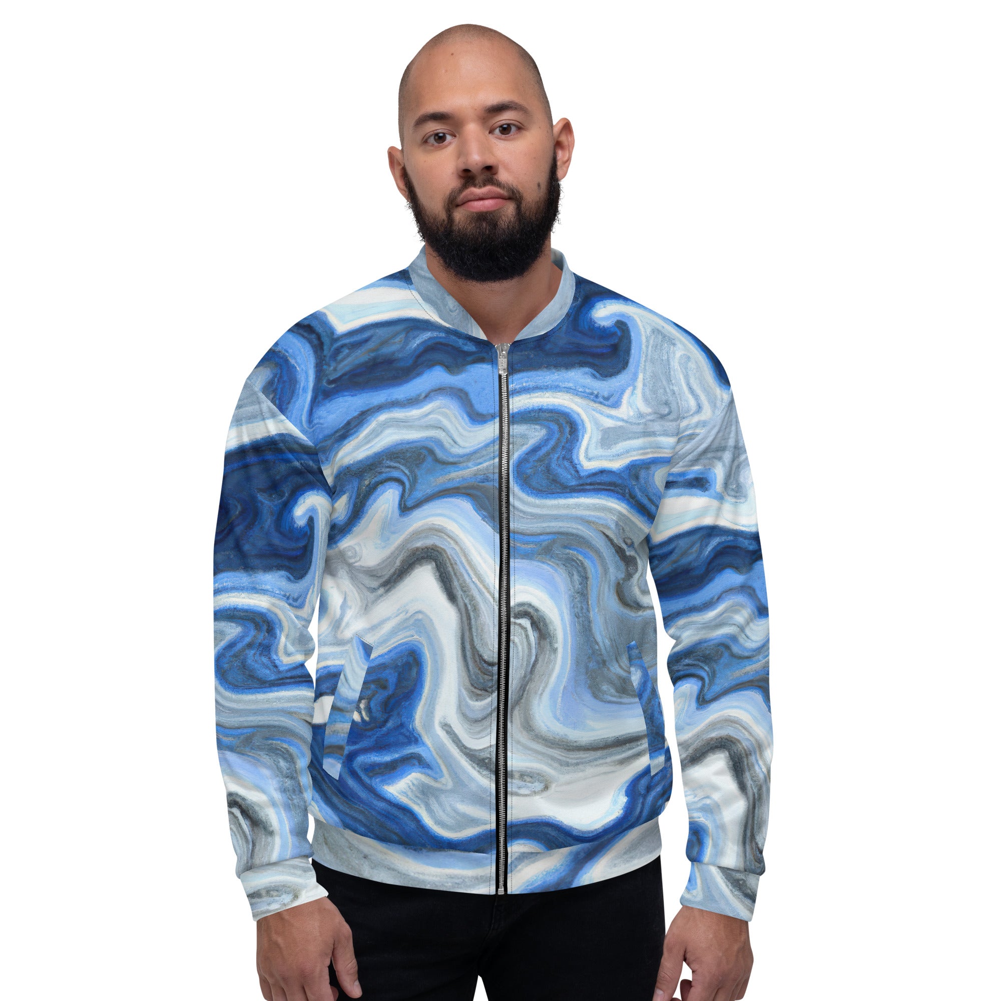 Men's bomber jacket featuring a blue grey marble print, zip-front closure, ribbed cuffs, and multiple pockets for a stylish and functional look.