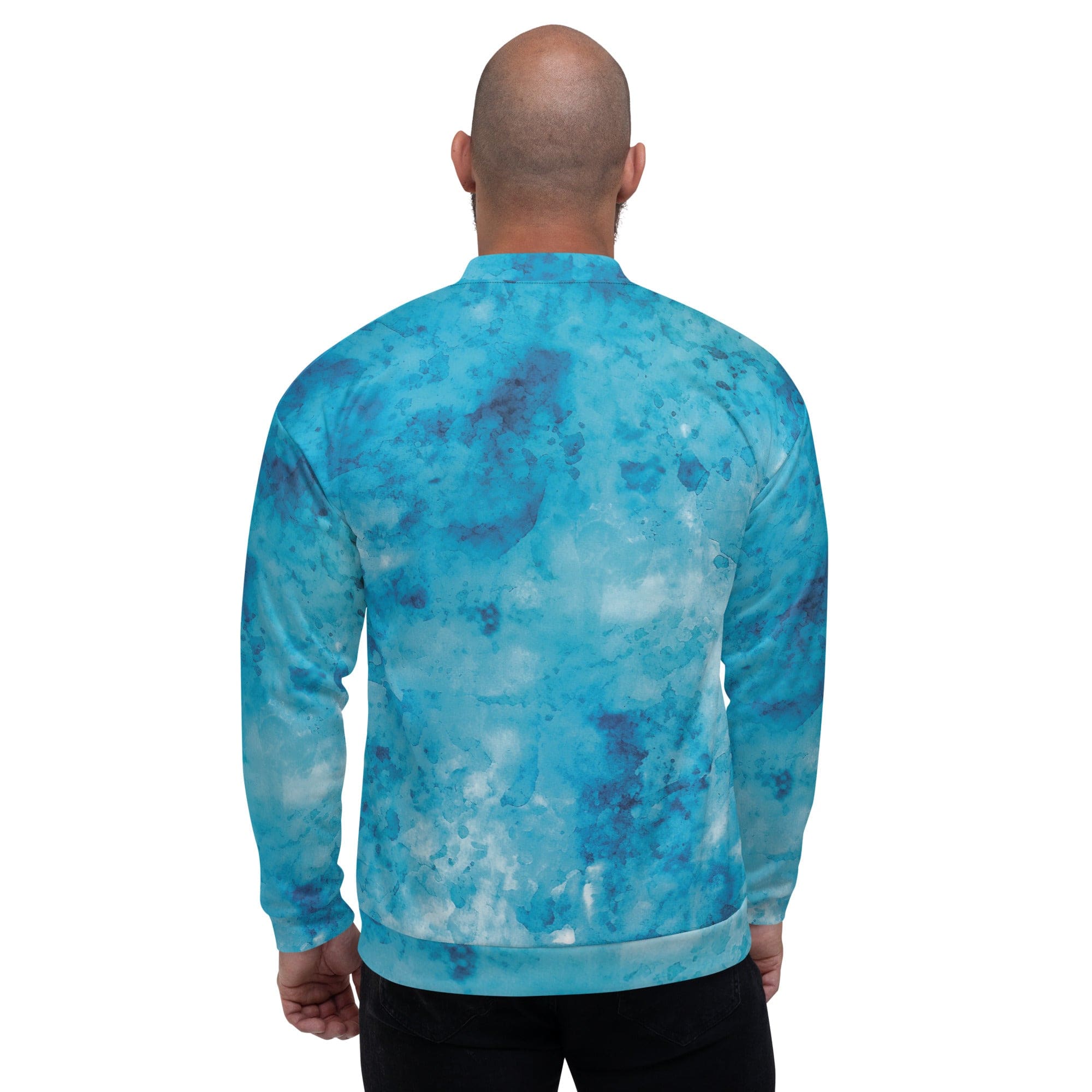 Men's bomber jacket featuring a blue marble print, zip-front closure, and ribbed cuffs, designed for comfort and style.