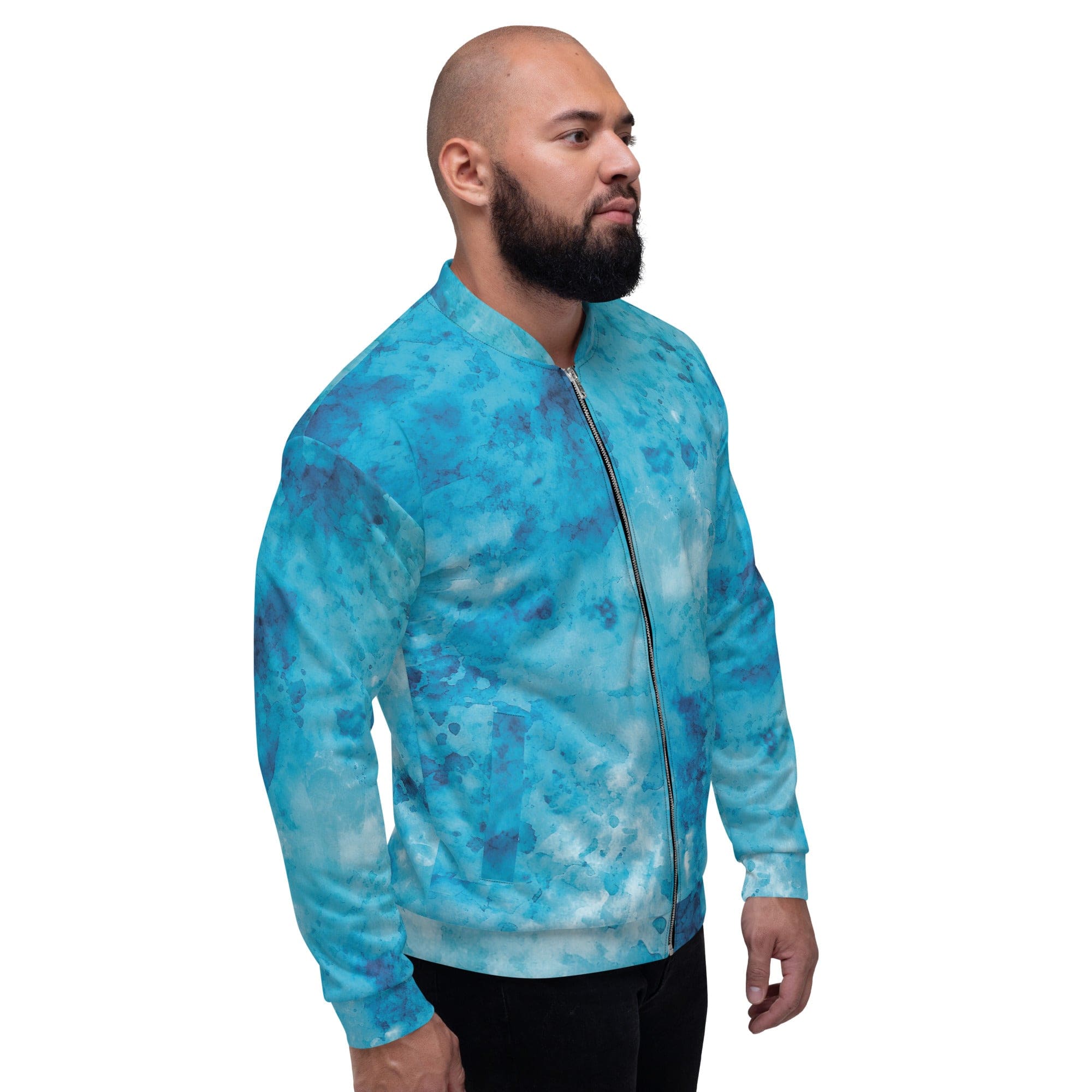 Men's bomber jacket featuring a blue marble print, zip-front closure, and ribbed cuffs, designed for comfort and style.