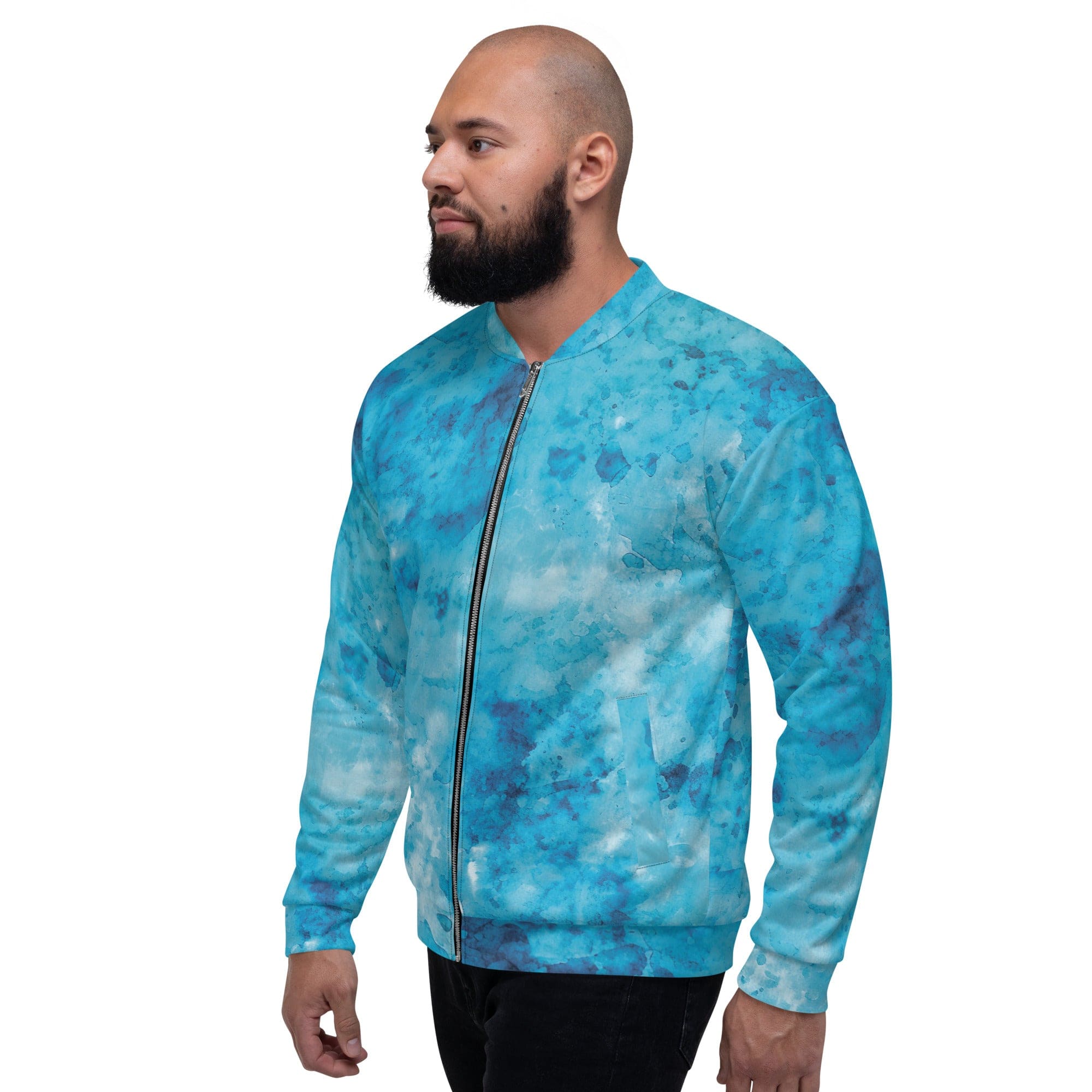 Men's bomber jacket featuring a blue marble print, zip-front closure, and ribbed cuffs, designed for comfort and style.