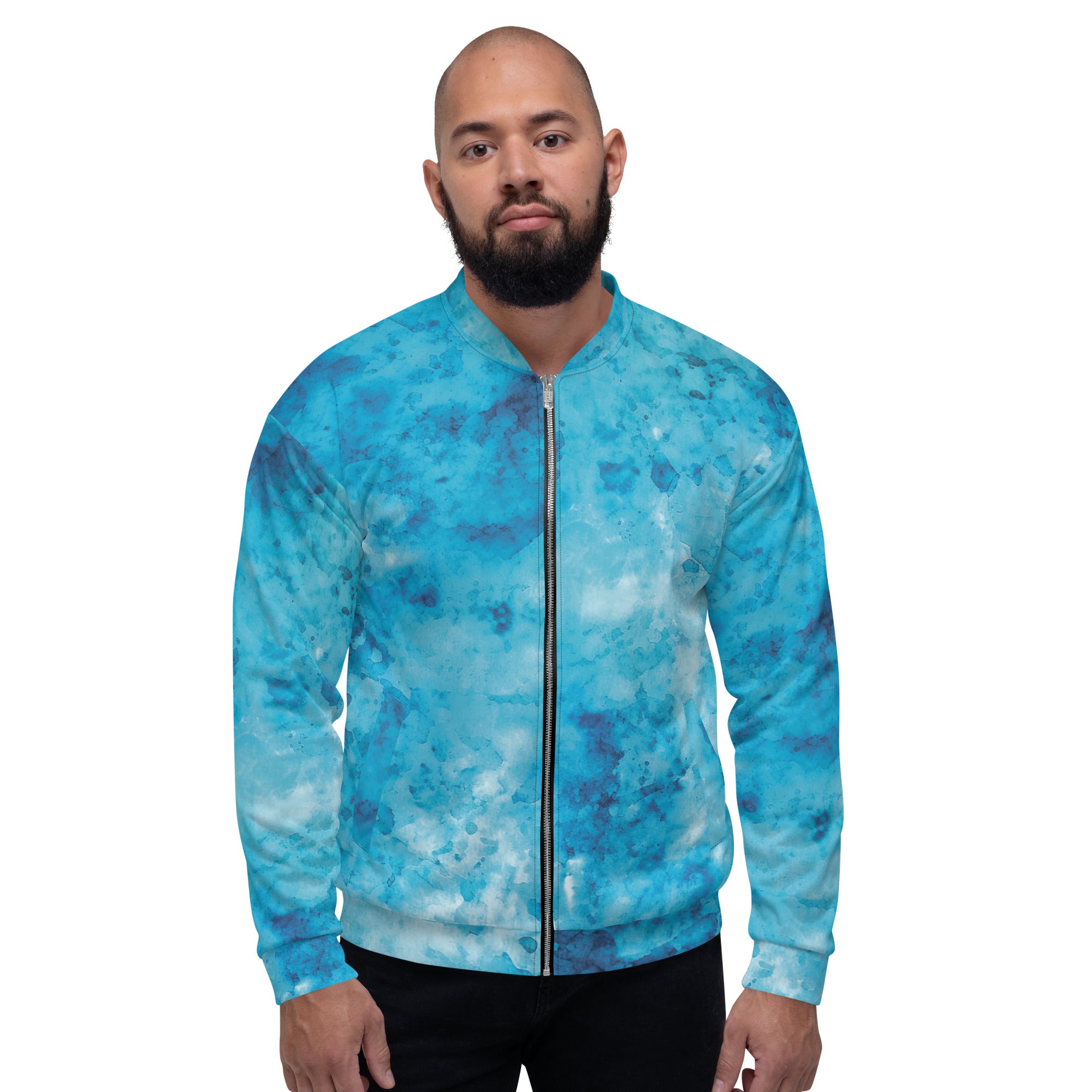 Men's bomber jacket featuring a blue marble print, zip-front closure, and ribbed cuffs, designed for comfort and style.