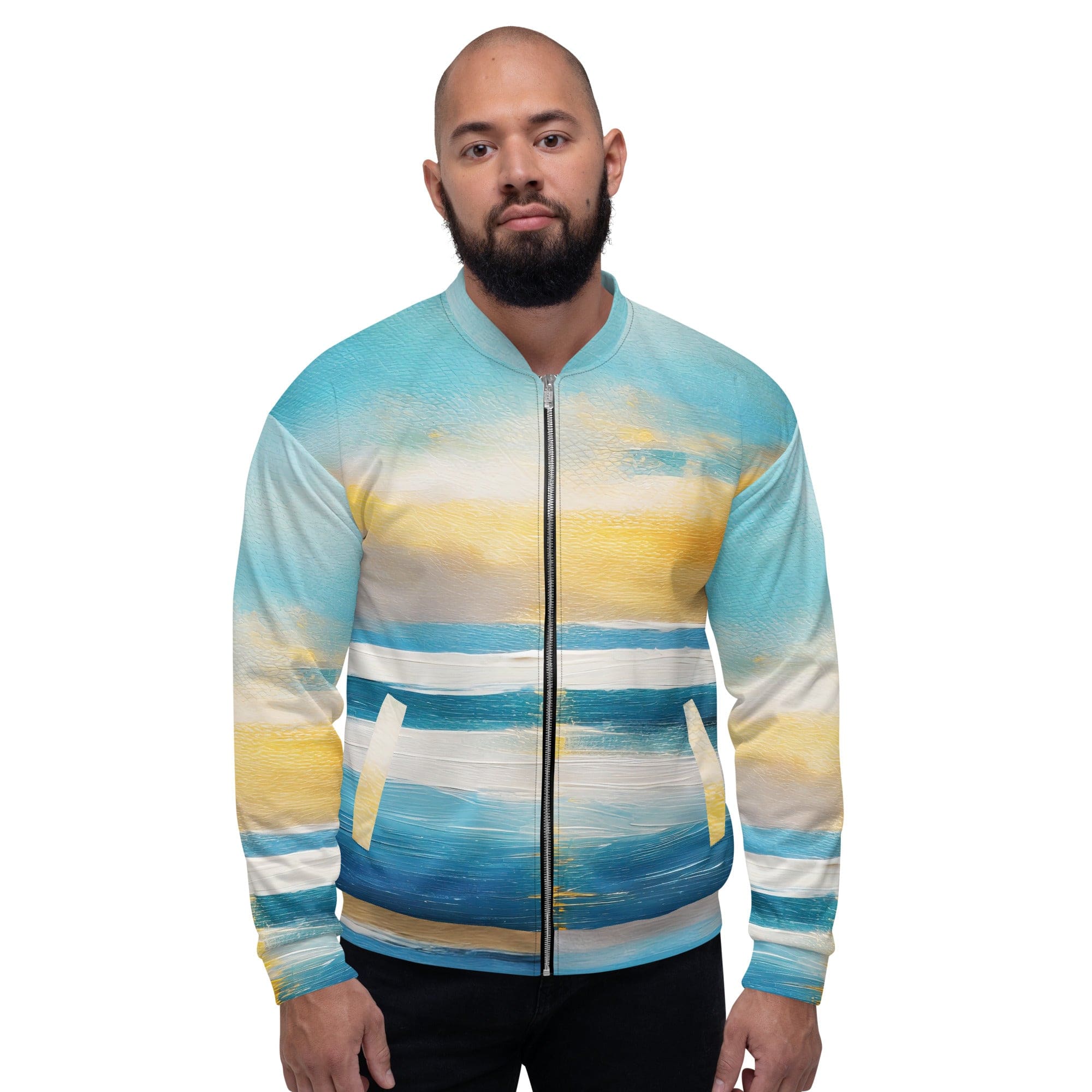 Men's bomber jacket featuring a Blue Ocean Golden Sunset Print, showcasing a stylish design with zip-front closure and ribbed cuffs.