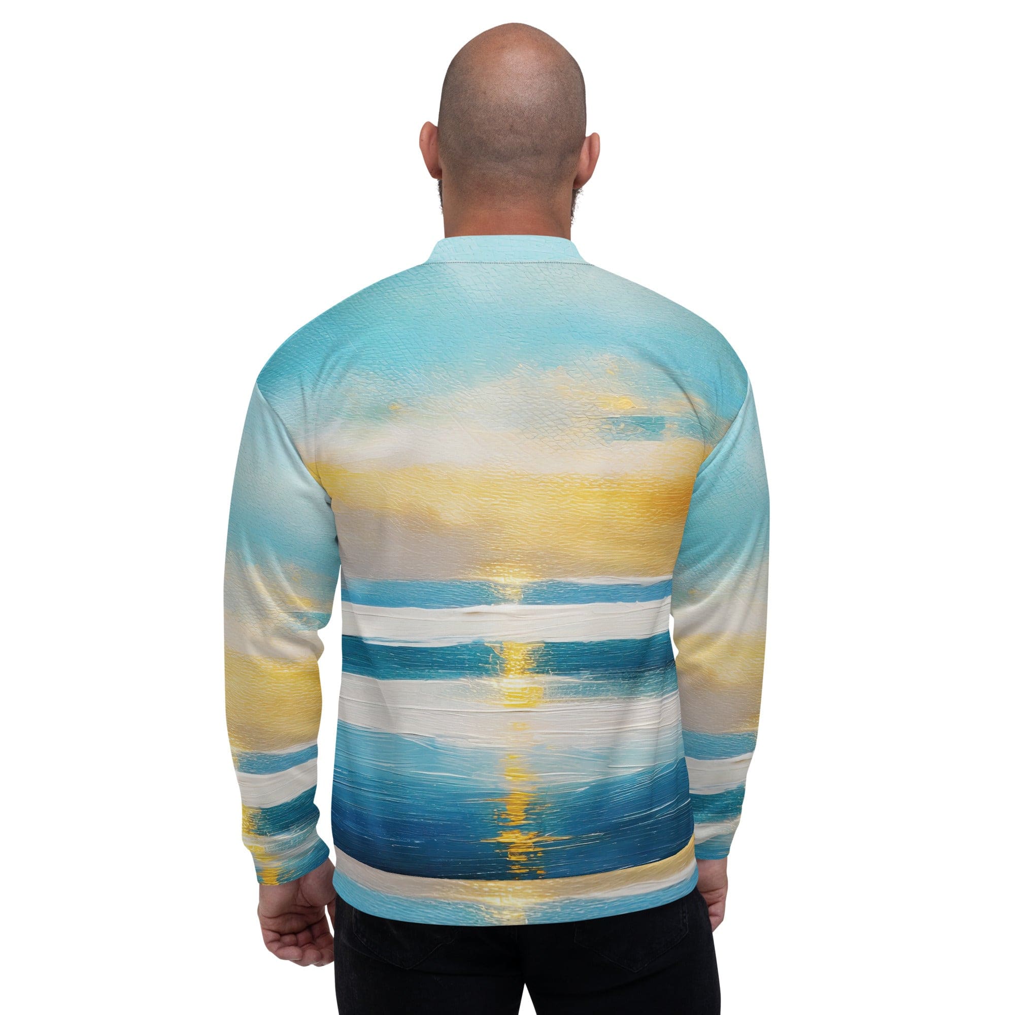 Men's bomber jacket featuring a Blue Ocean Golden Sunset Print, showcasing a stylish design with zip-front closure and ribbed cuffs.