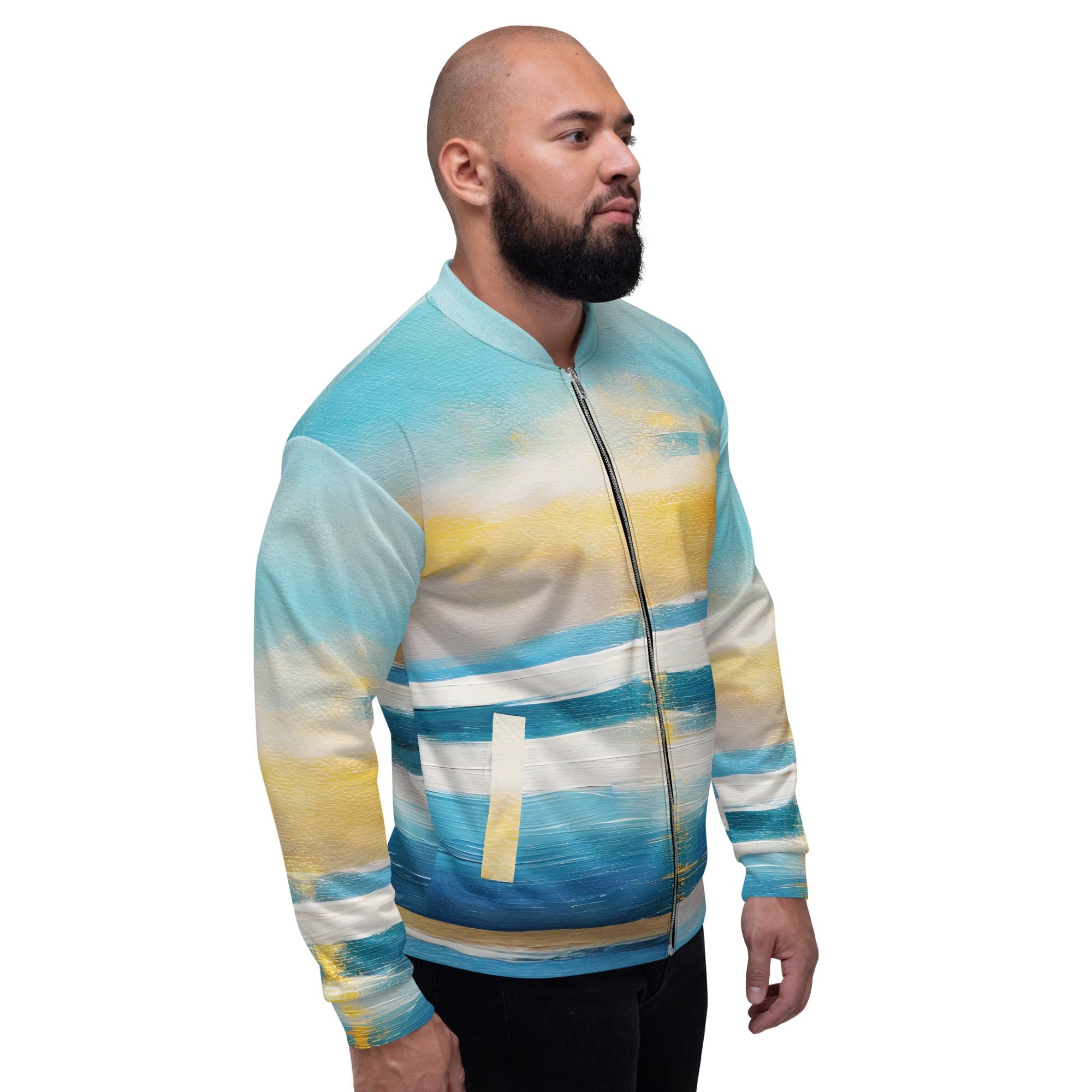 Men's bomber jacket featuring a Blue Ocean Golden Sunset Print, showcasing a stylish design with zip-front closure and ribbed cuffs.