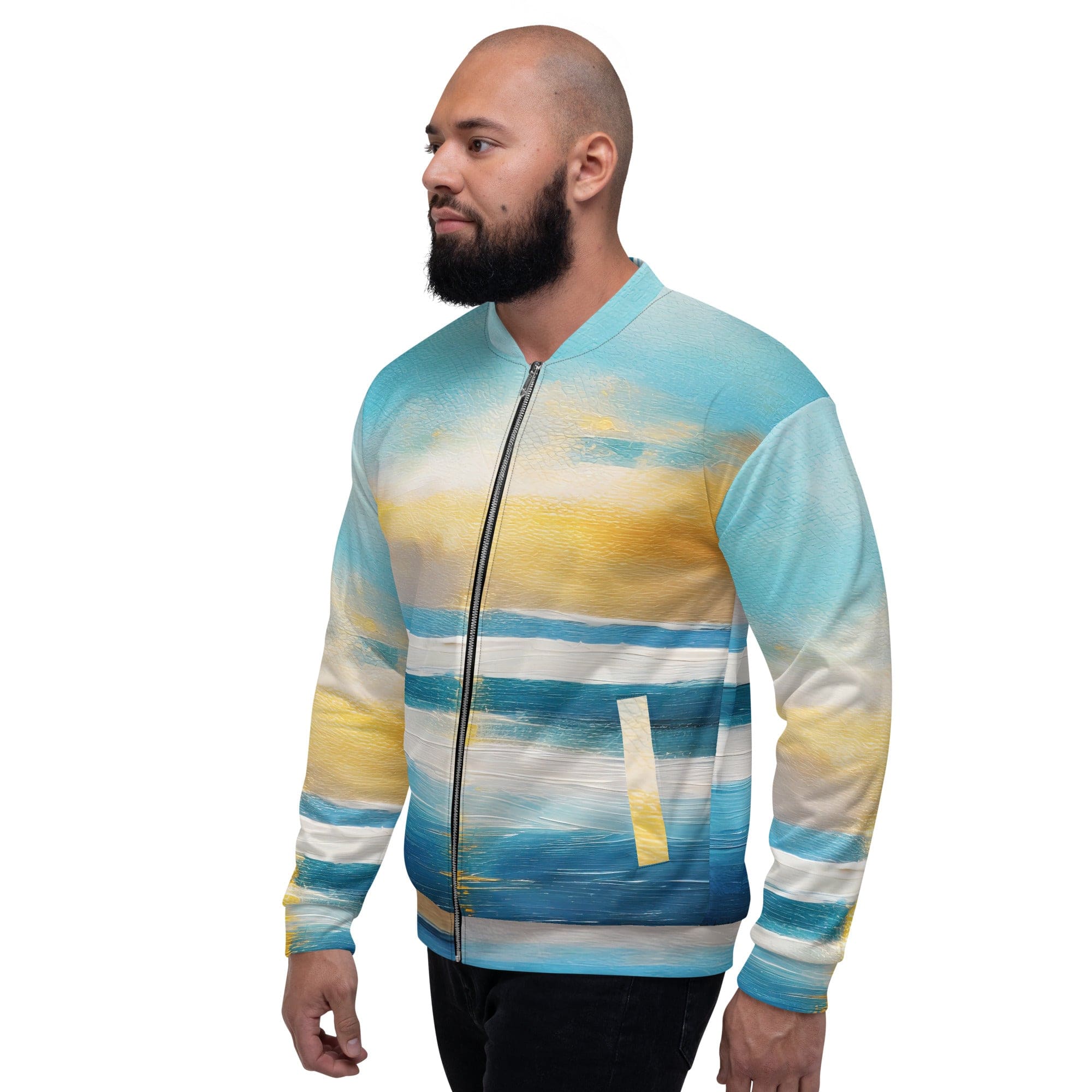 Men's bomber jacket featuring a Blue Ocean Golden Sunset Print, showcasing a stylish design with zip-front closure and ribbed cuffs.