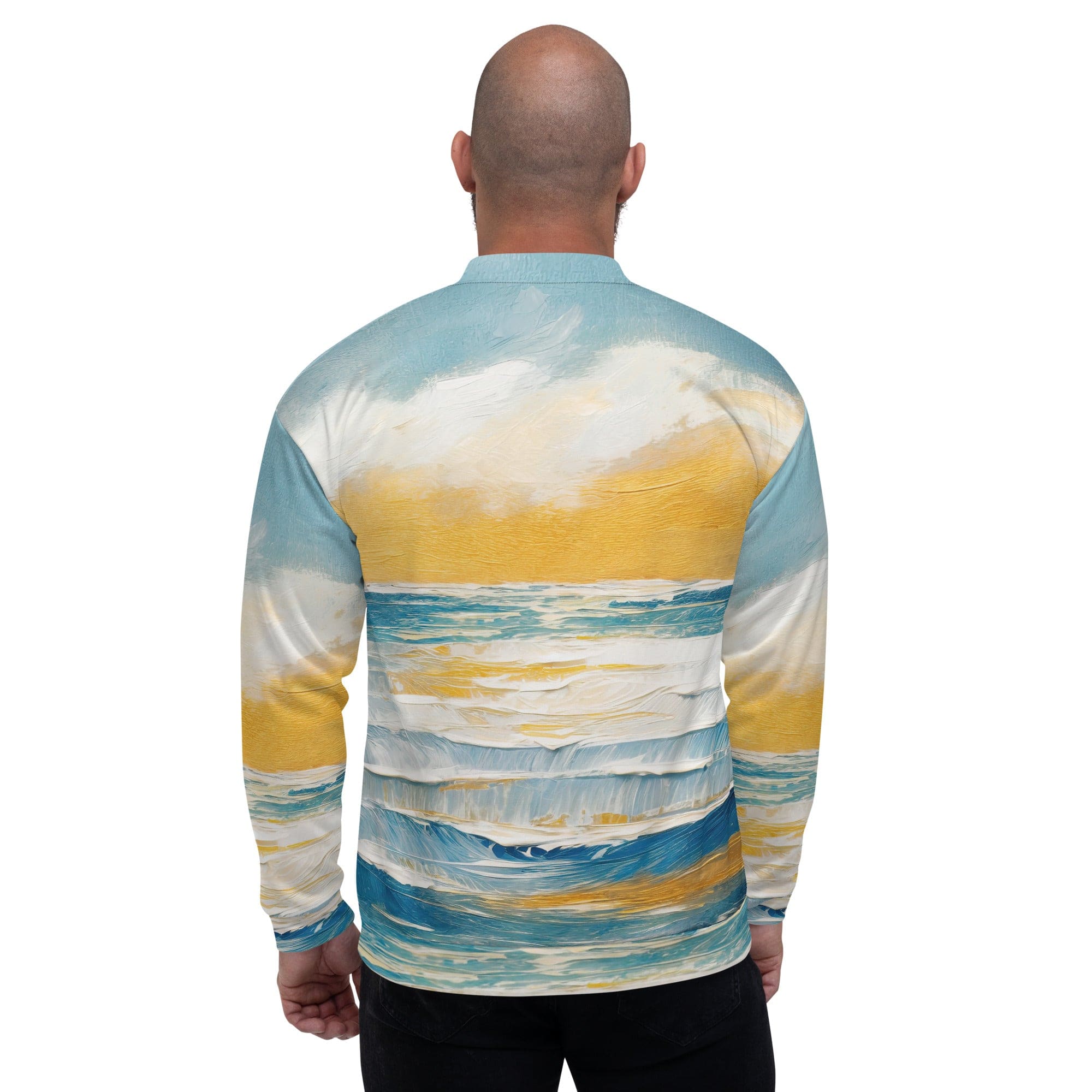 Men's bomber jacket featuring a vibrant Blue Ocean Golden Sunset Print, showcasing a stylish design with zip-front closure and ribbed cuffs.