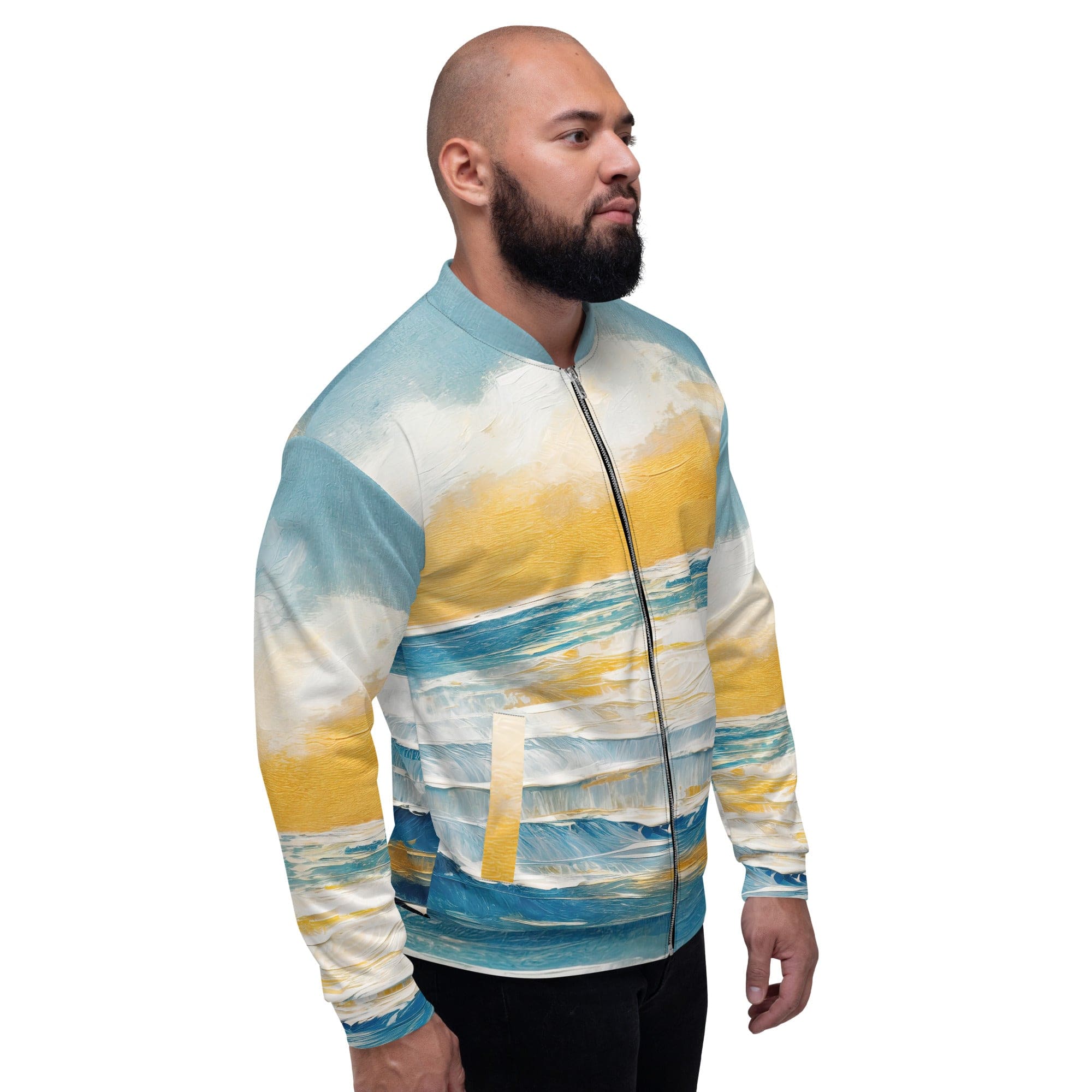 Men's bomber jacket featuring a vibrant Blue Ocean Golden Sunset Print, showcasing a stylish design with zip-front closure and ribbed cuffs.