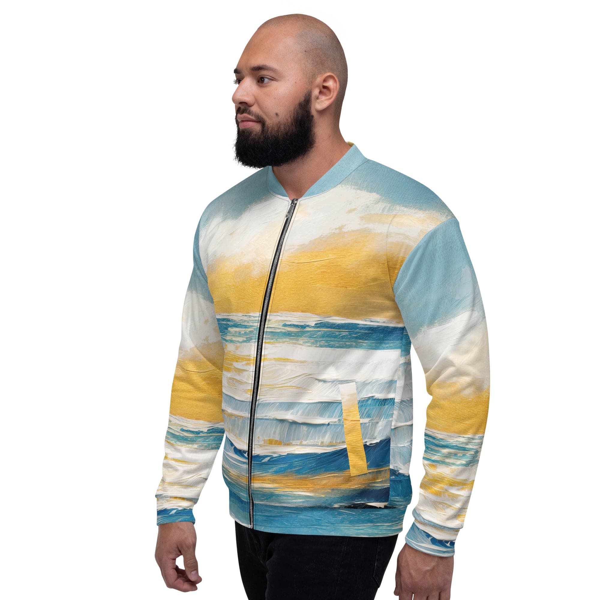 Men's bomber jacket featuring a vibrant Blue Ocean Golden Sunset Print, showcasing a stylish design with zip-front closure and ribbed cuffs.