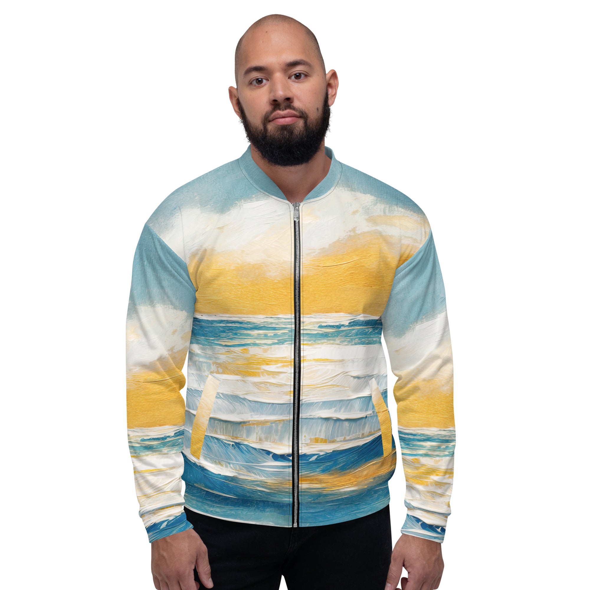 Men's bomber jacket featuring a vibrant Blue Ocean Golden Sunset Print, showcasing a stylish design with zip-front closure and ribbed cuffs.