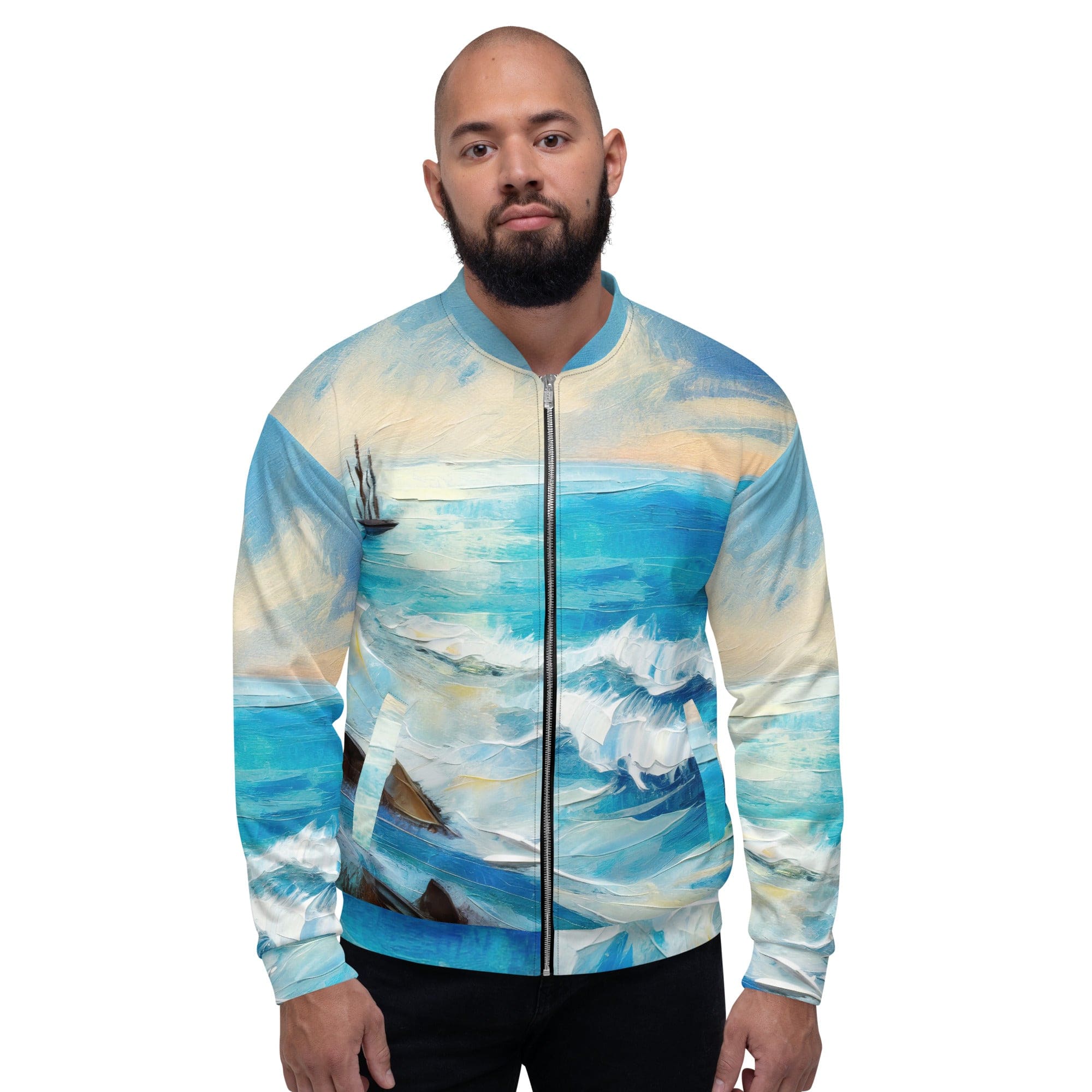 Men's bomber jacket featuring a vibrant Blue Ocean Print, designed for comfort and style with ribbed cuffs and zip-front closure.