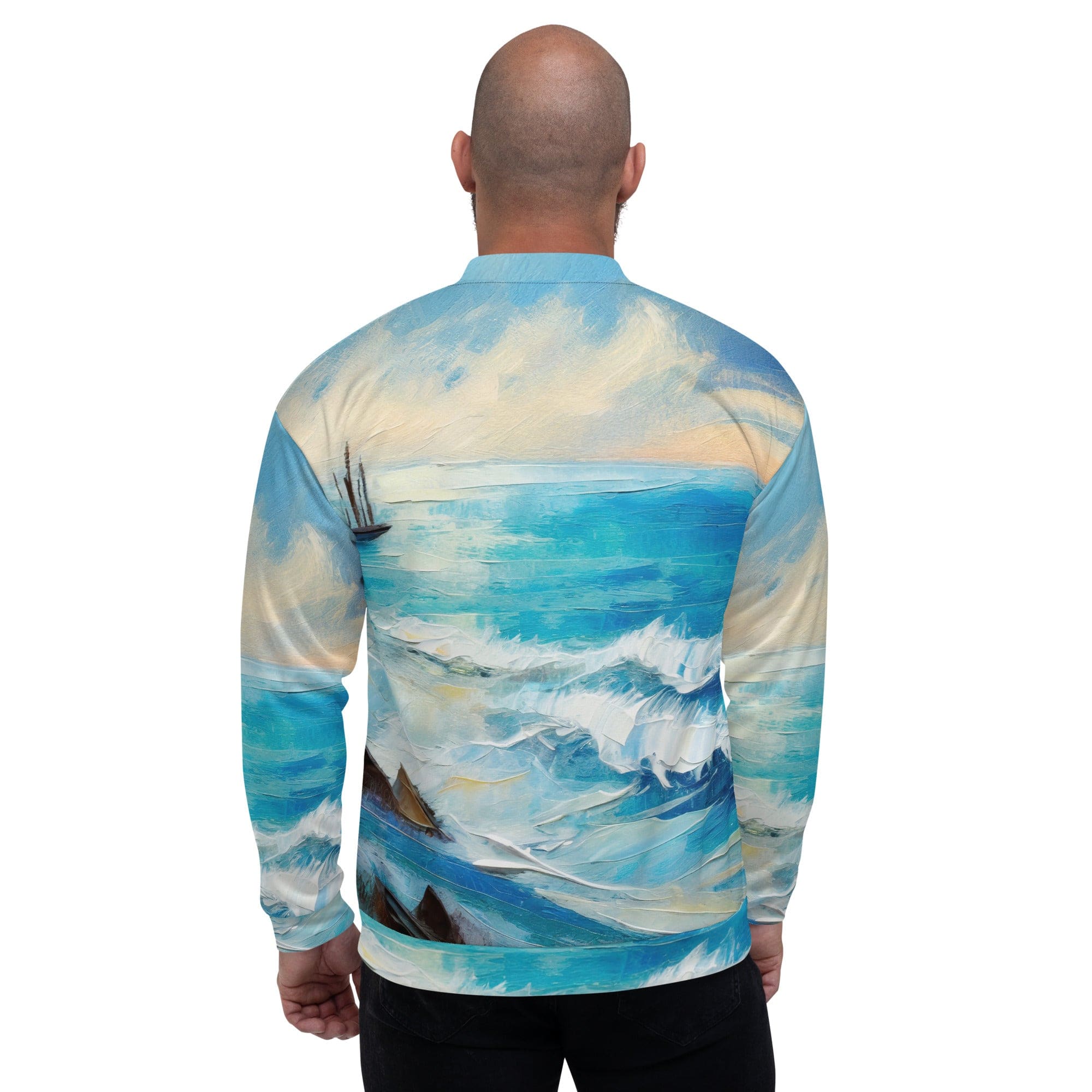 Men's bomber jacket featuring a vibrant Blue Ocean Print, designed for comfort and style with ribbed cuffs and zip-front closure.