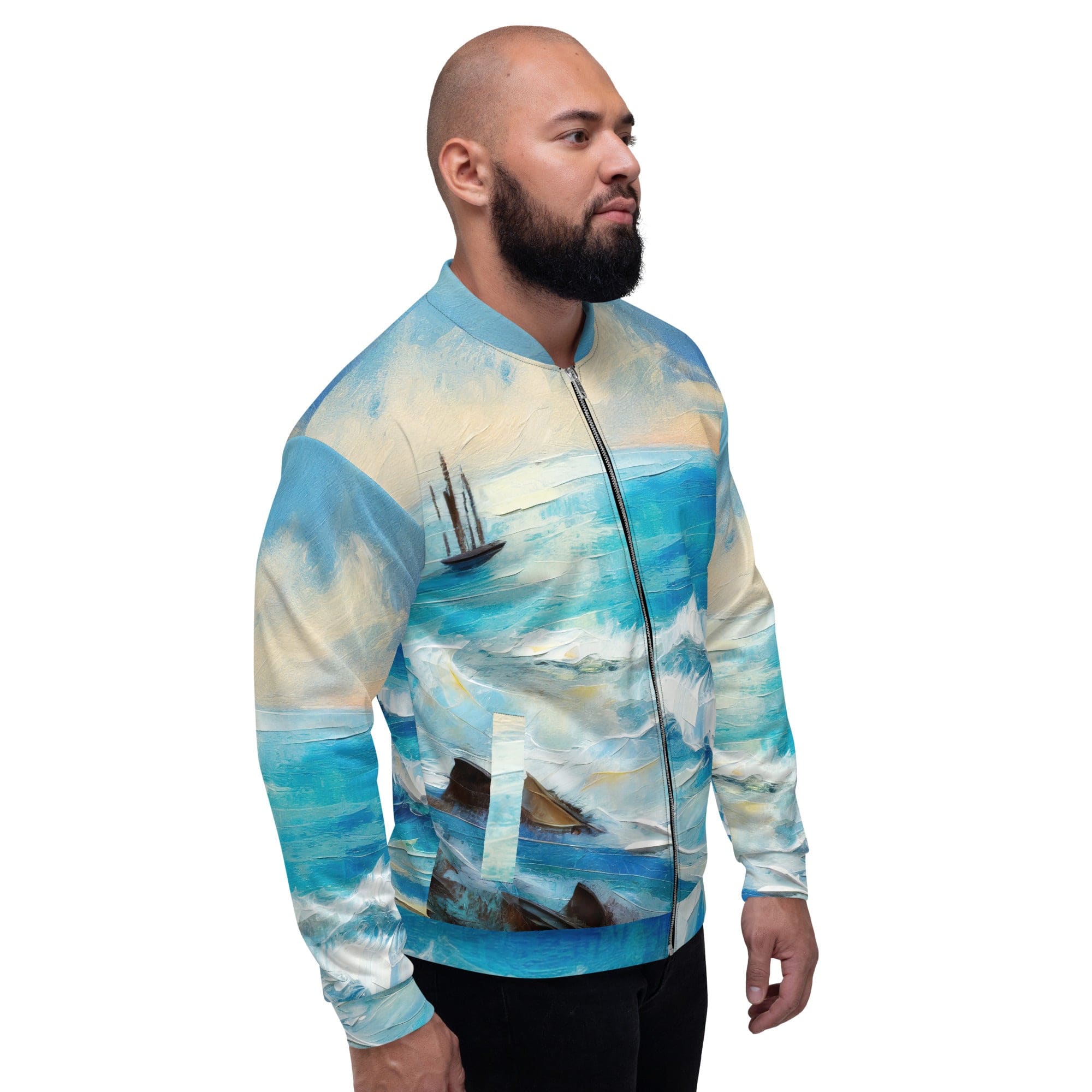 Men's bomber jacket featuring a vibrant Blue Ocean Print, designed for comfort and style with ribbed cuffs and zip-front closure.