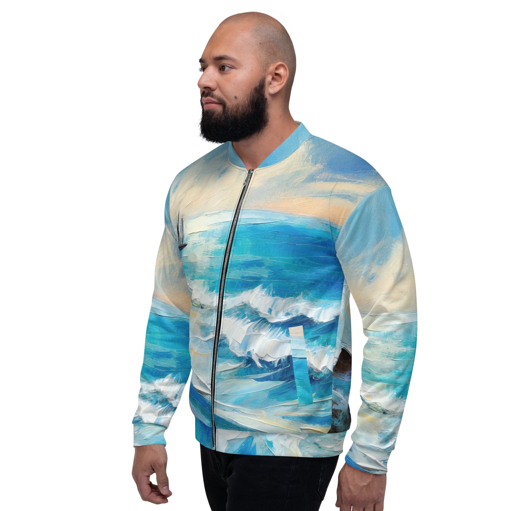 Men's bomber jacket featuring a vibrant Blue Ocean Print, designed for comfort and style with ribbed cuffs and zip-front closure.